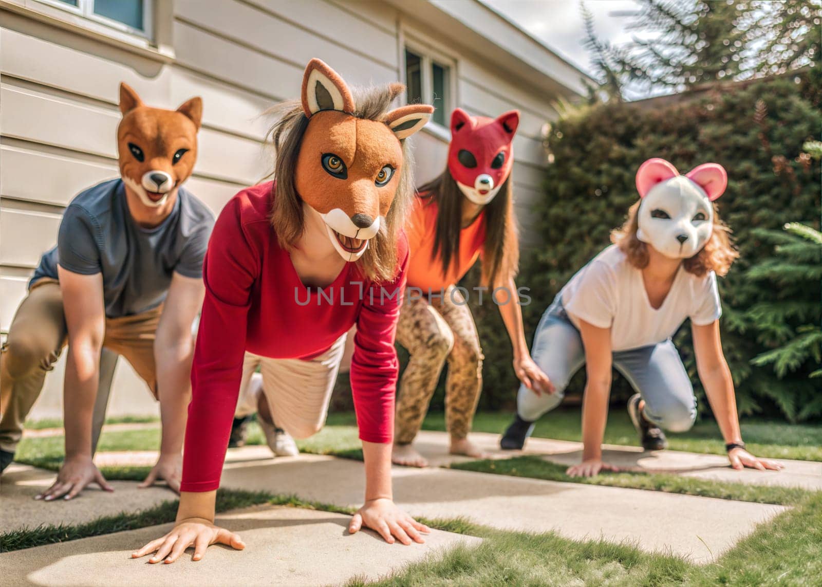 Quadrobics teenagers in animal masks doing quadrobics in backyard, quadrobika subculture imitation of animal actions. Ai generated
