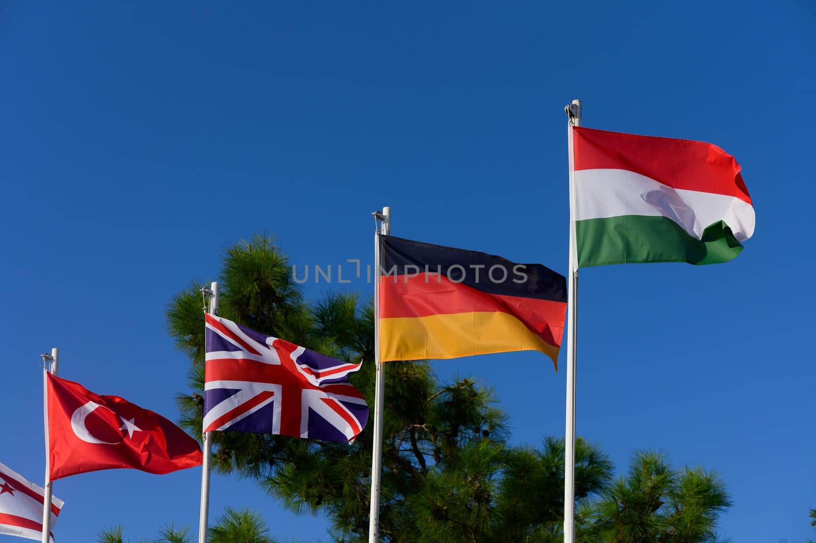 Several national flags are proudly displayed against a bright blue backdrop, representing diverse cultures and nations.