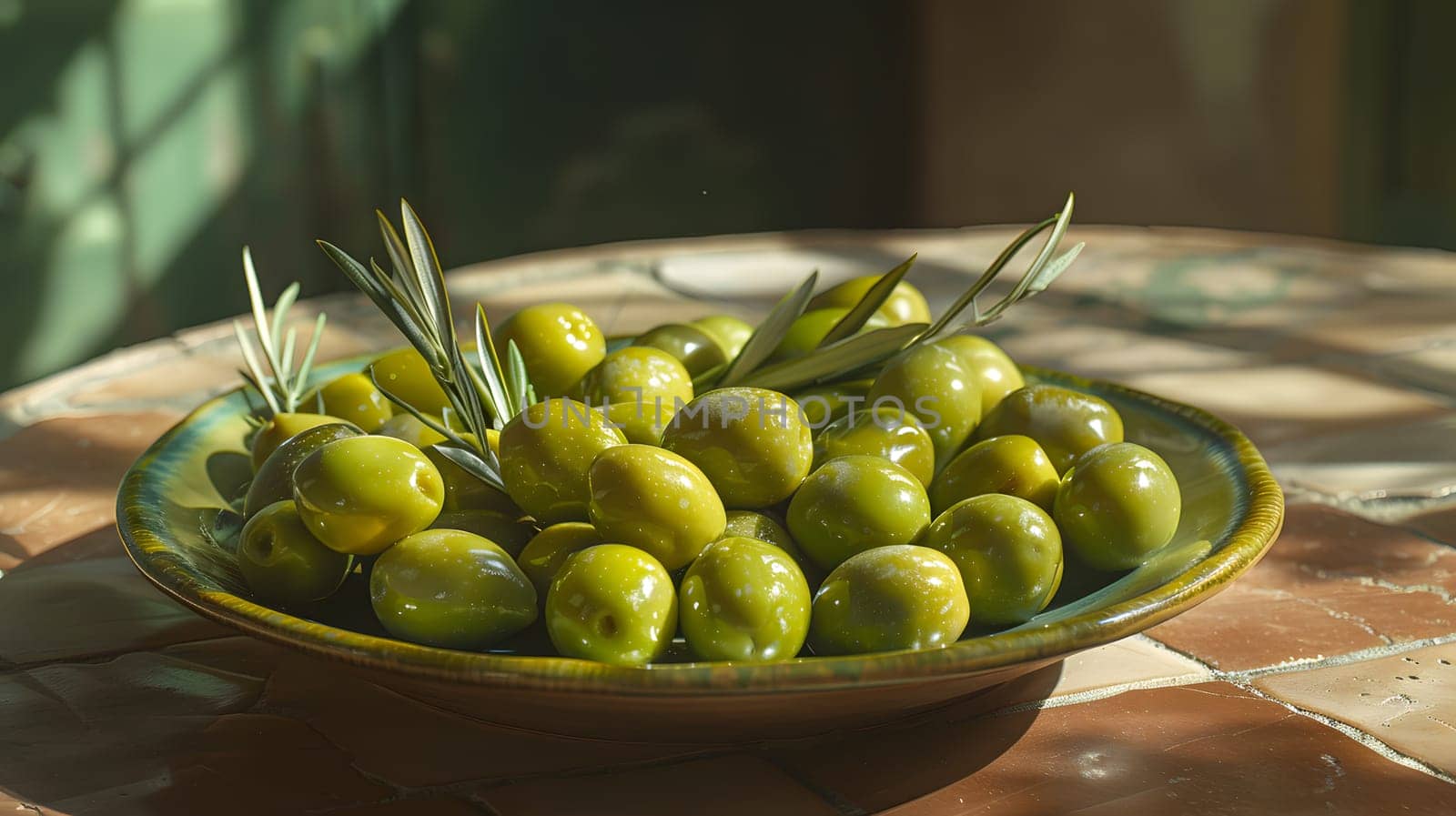 A dish of green olives seasoned with rosemary, a staple food in Mediterranean cuisine, displayed on a table as a natural food from the olive family