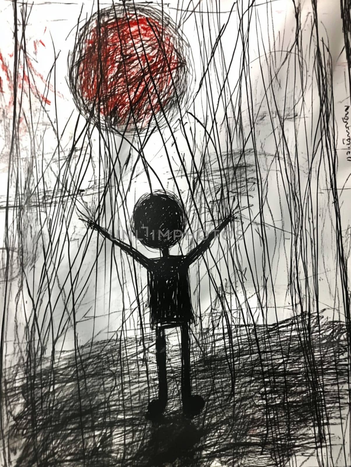 This black and white illustration depicts a child reaching out to a red sun through a series of black lines, evoking a sense of confinement