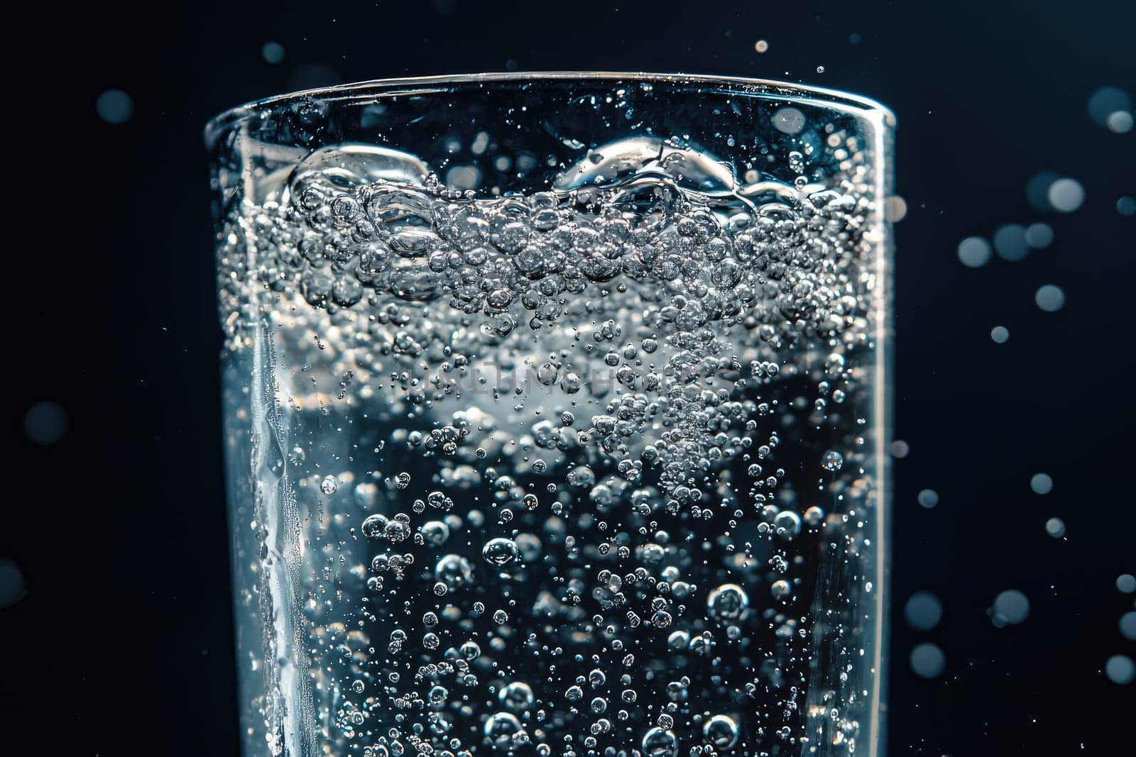 A vibrant close-up of bubbles rising in a glass of sparkling water, showcasing the refreshing effervescence and clarity of the liquid. Perfect for beverage themes.