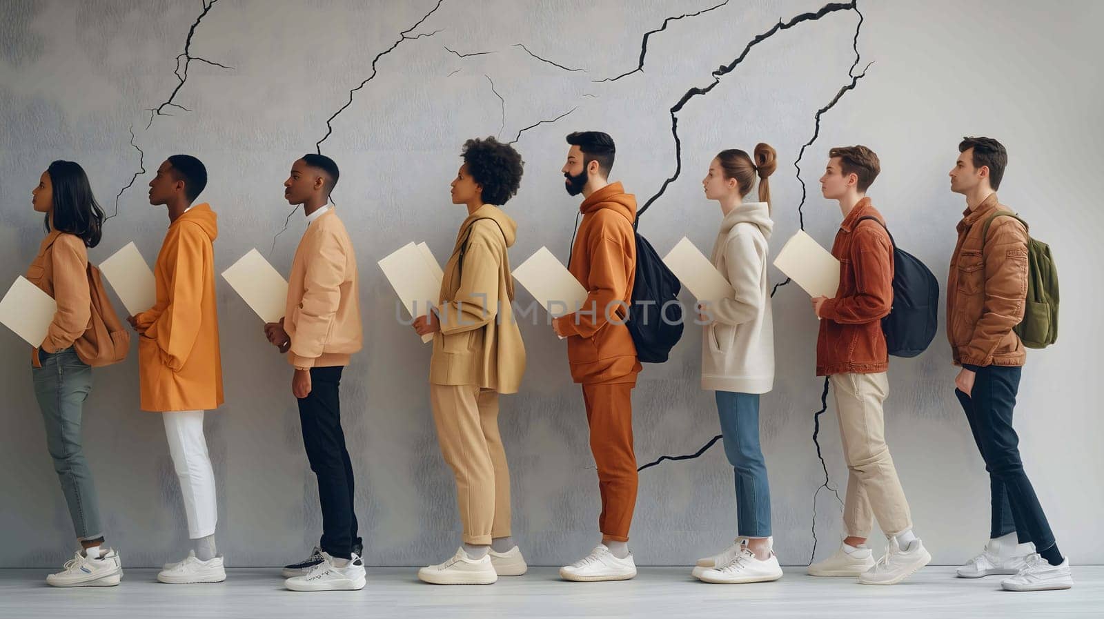 Diverse group of students is waiting in line and holding folders against cracked wall