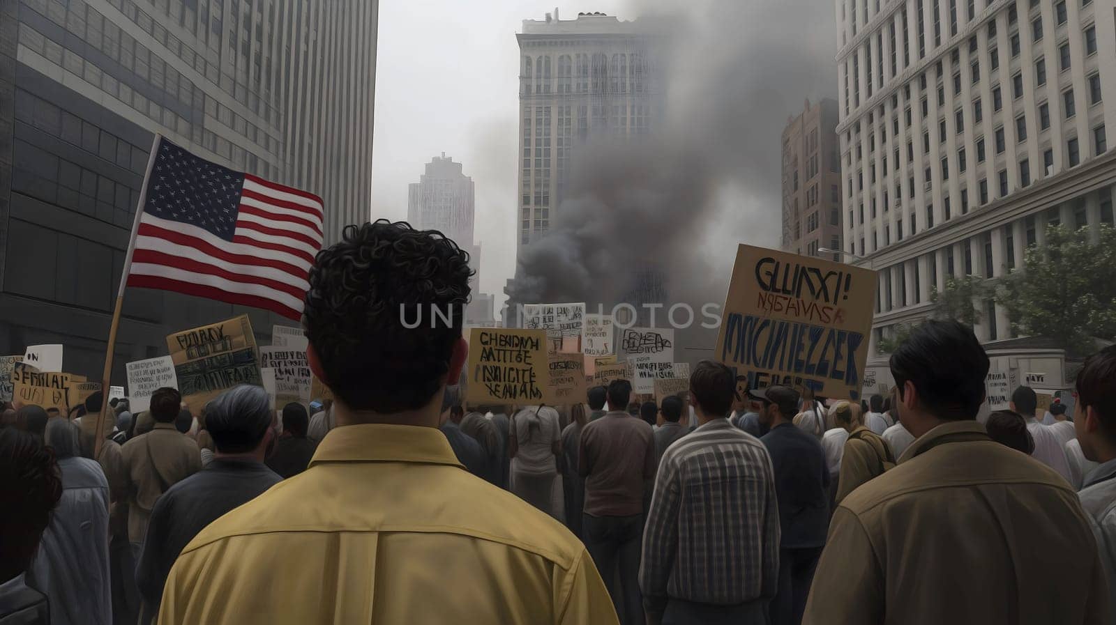 Large group of protestors holding signs and the american flag stand in the street in front of a burning building