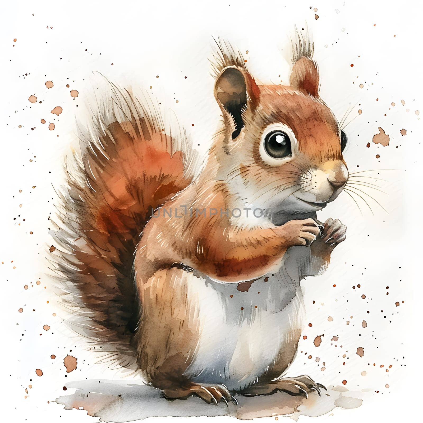 A watercolor painting of a Fox squirrel standing on its hind legs with a fawn tail and long whiskers, set against a white background, showcasing the terrestrial animal in an artistic way
