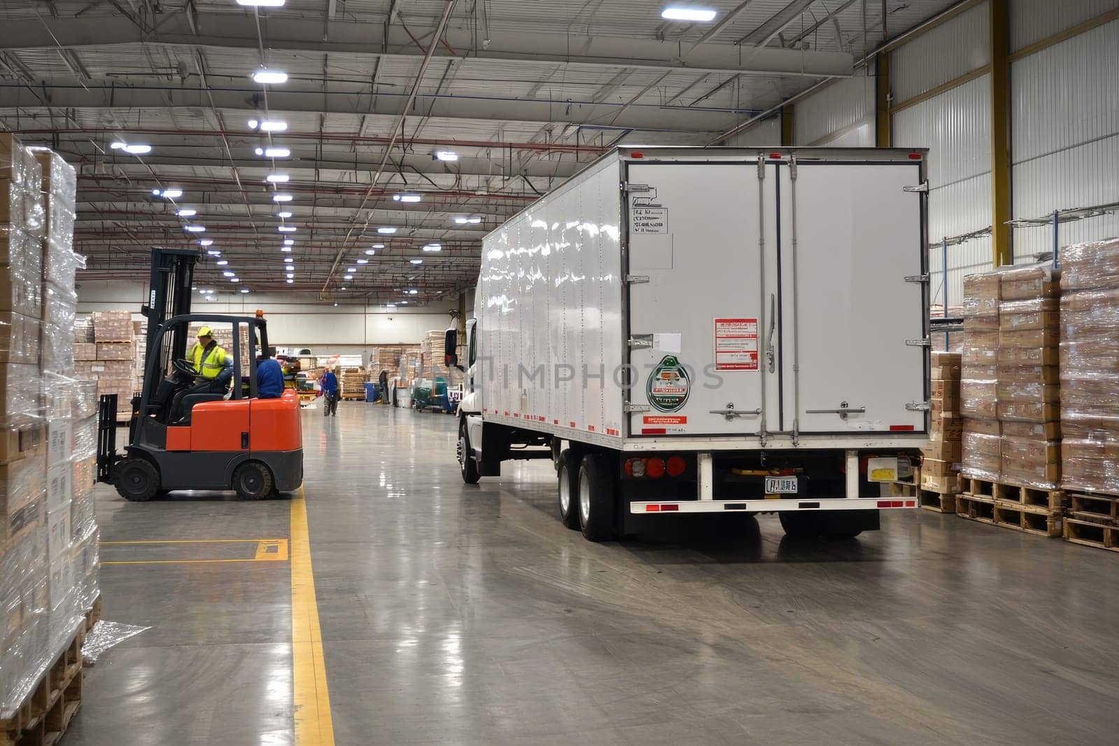 A forklift is driving a semi truck in a warehouse. The forklift is in the foreground and the truck is in the background