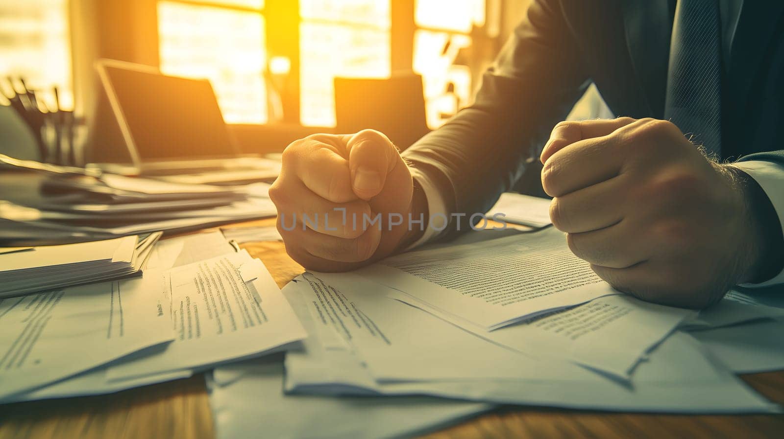 Businessman is clenching his fists on his desk full of paperwork, expressing frustration