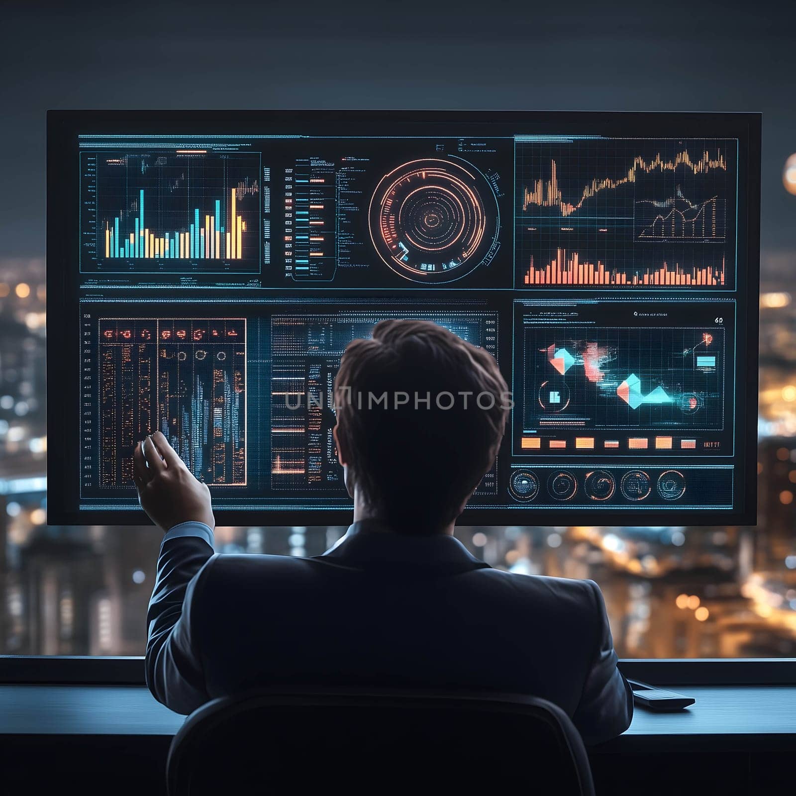 Businessman is working late, analyzing big data on multiple computer screens in his office overlooking the city at night