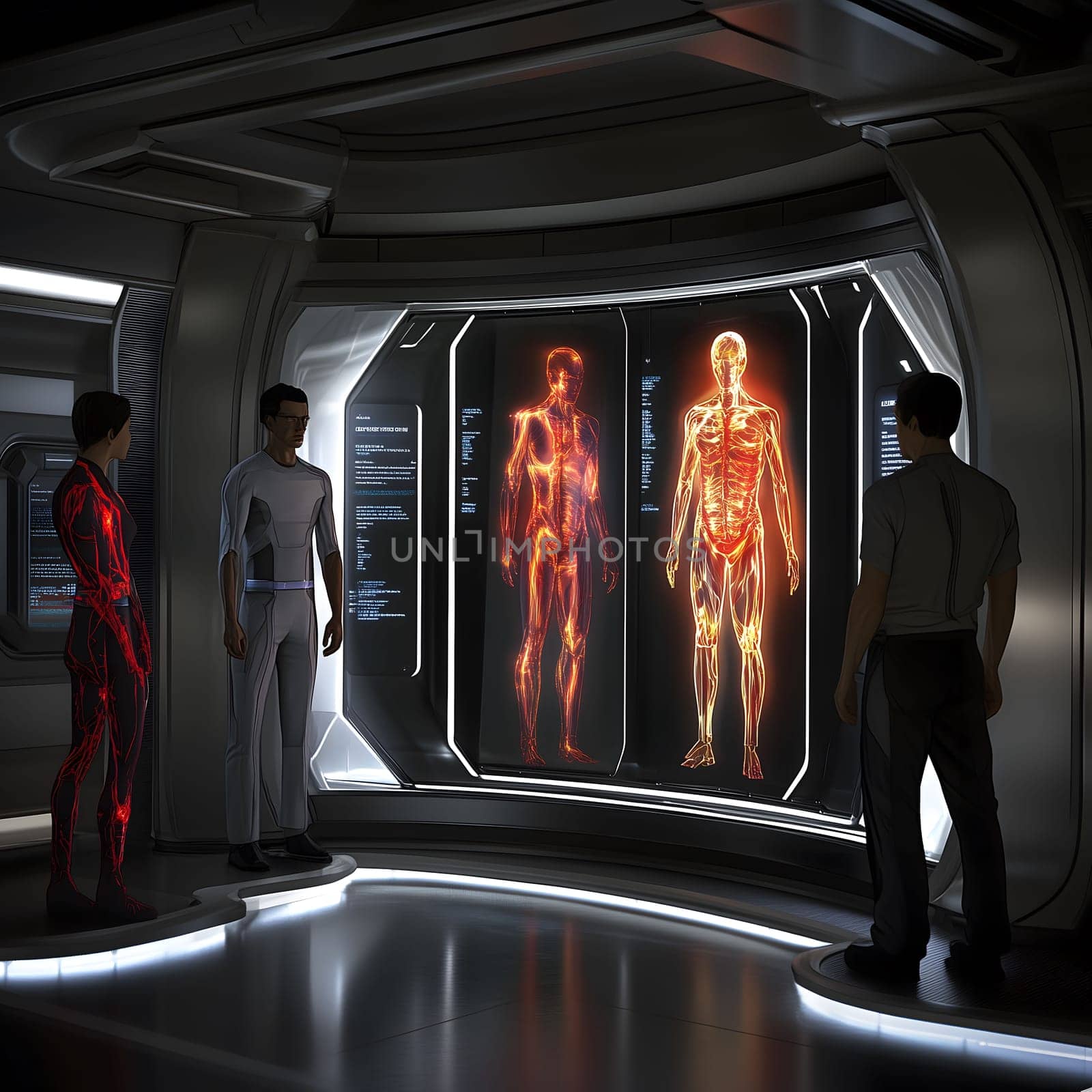 Three scientists standing in a futuristic laboratory setting, looking at a large screen displaying anatomical information about the human body