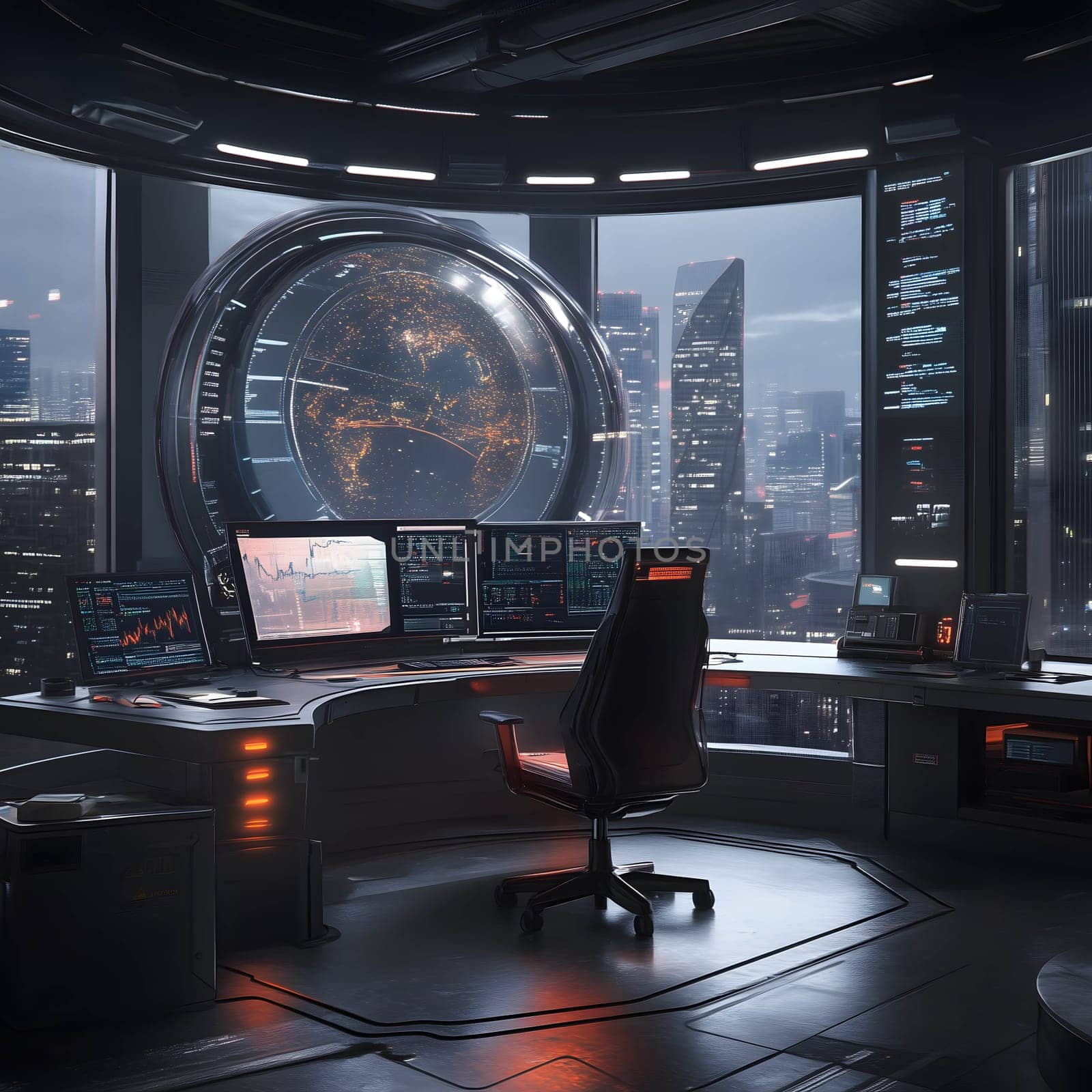 Businessman is working late in a futuristic office overlooking a city skyline at night with a holographic display of earth
