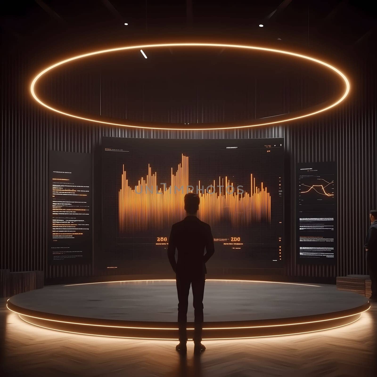 Businessman standing in a circular modern presentation room is looking at glowing orange and yellow graphs