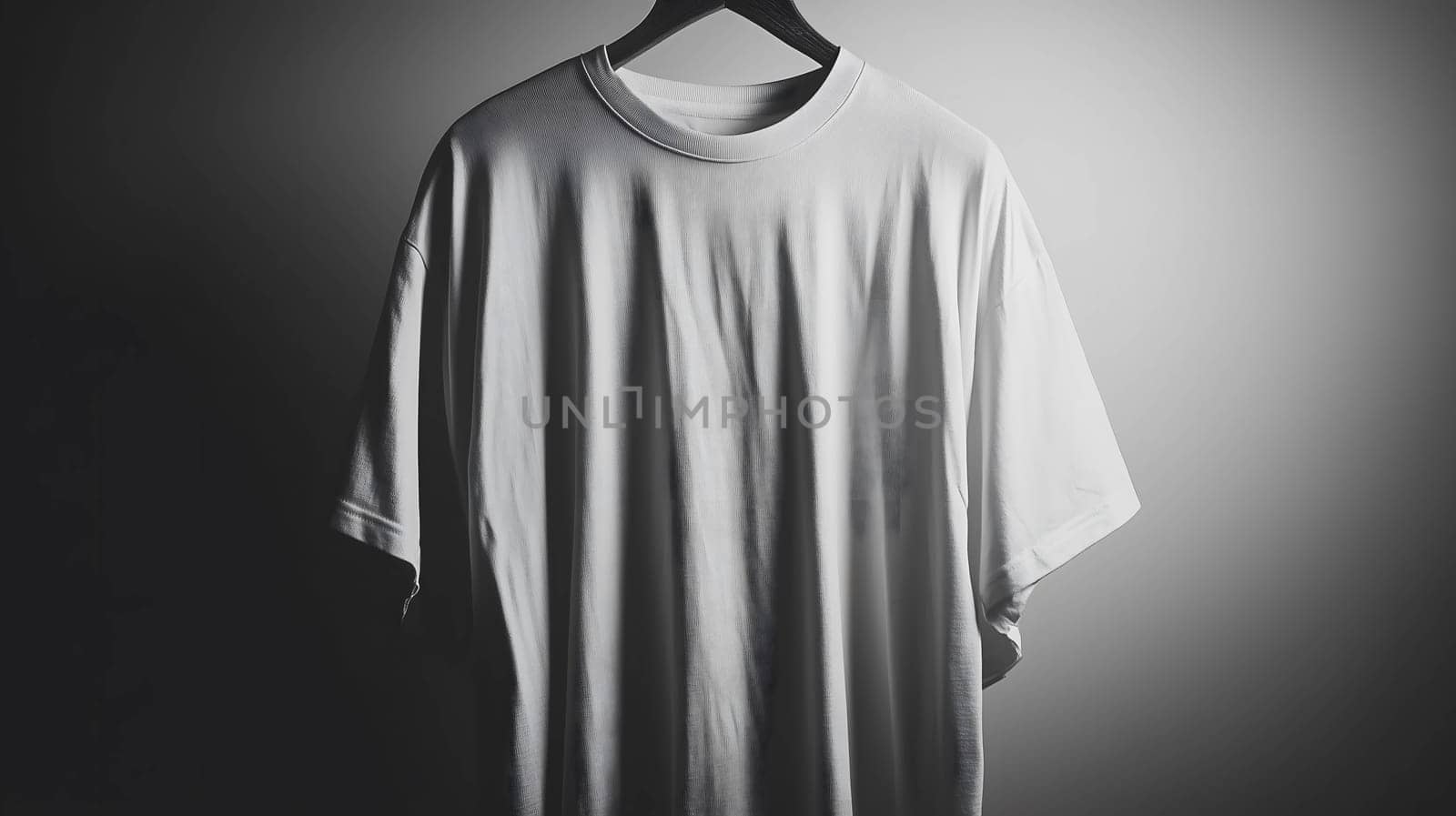 Plain white t-shirt is hanging on a hanger in front of a gradient background, perfect for showcasing your design