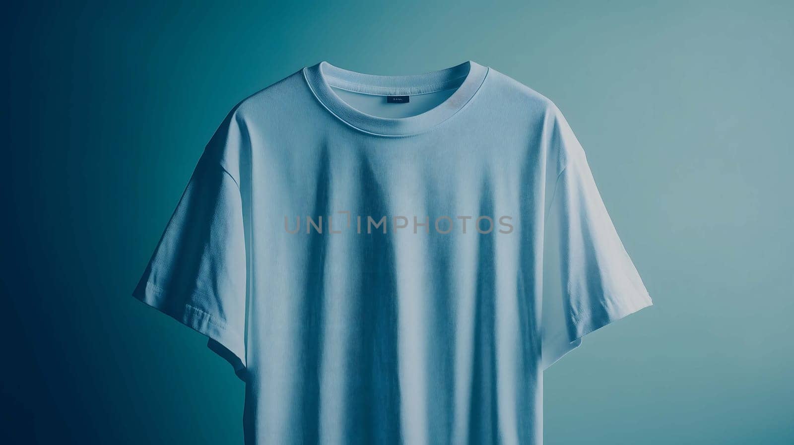 Light blue t-shirt is hanging on a turquoise background, creating a minimalist aesthetic