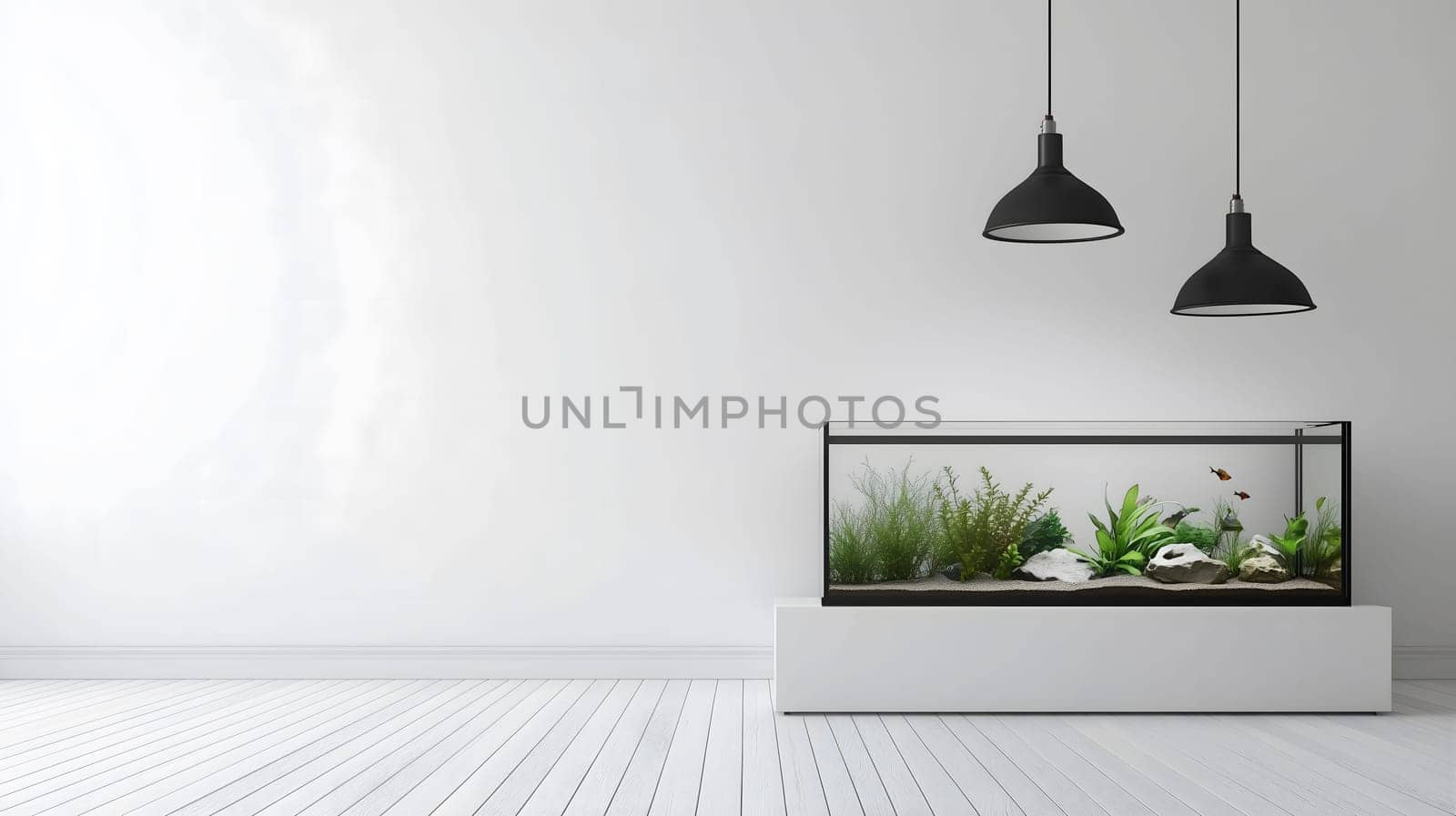 Interior with aquarium illuminated by two modern black lamps creating a peaceful atmosphere