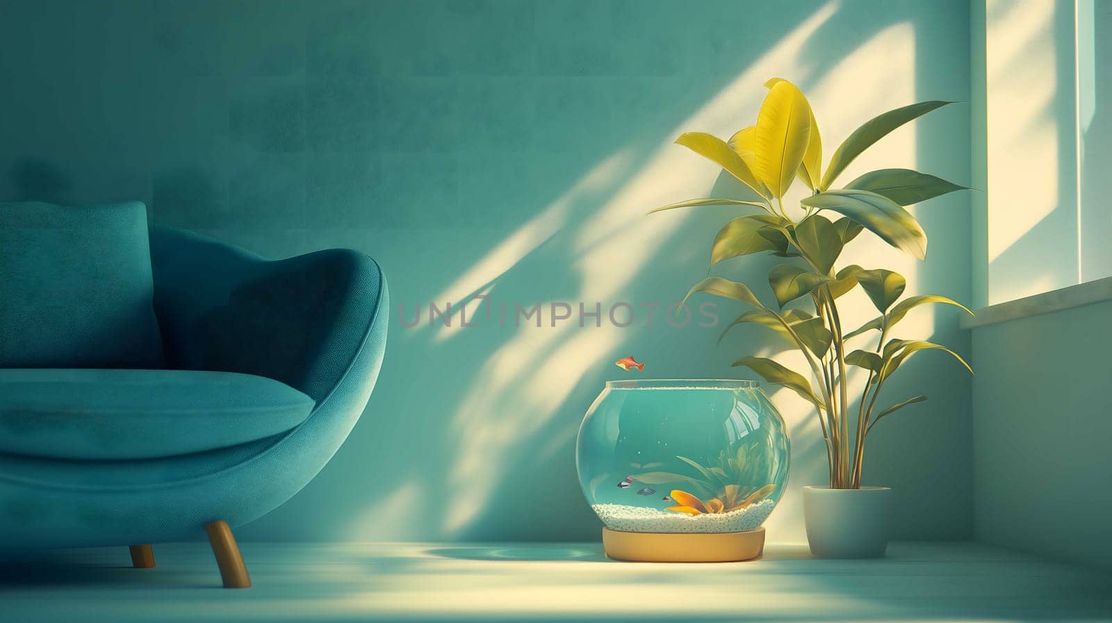 Modern, minimalist interior with a sofa, plant, and fishbowl bathed in warm sunlight