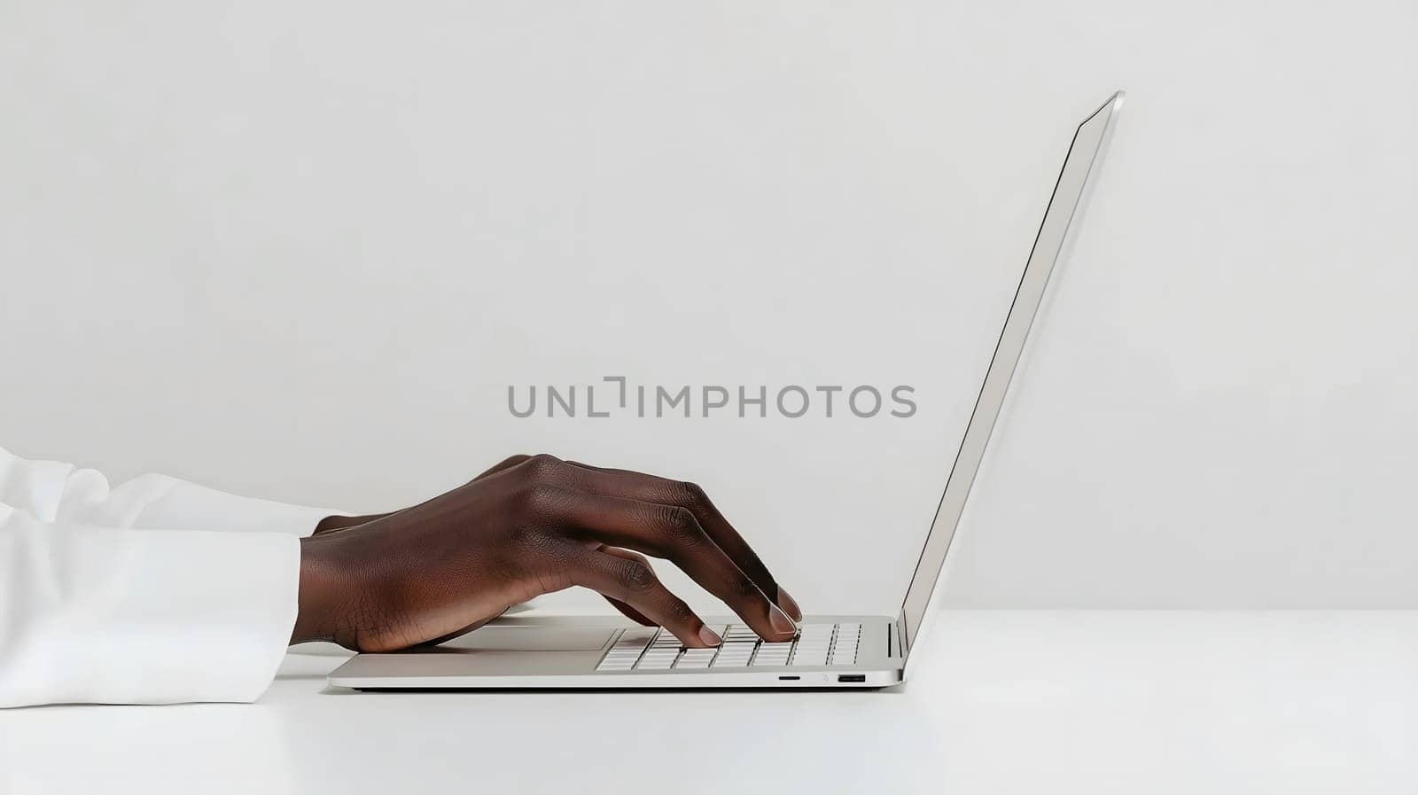 Businesswoman is working on a laptop computer, typing on the keyboard in an office setting