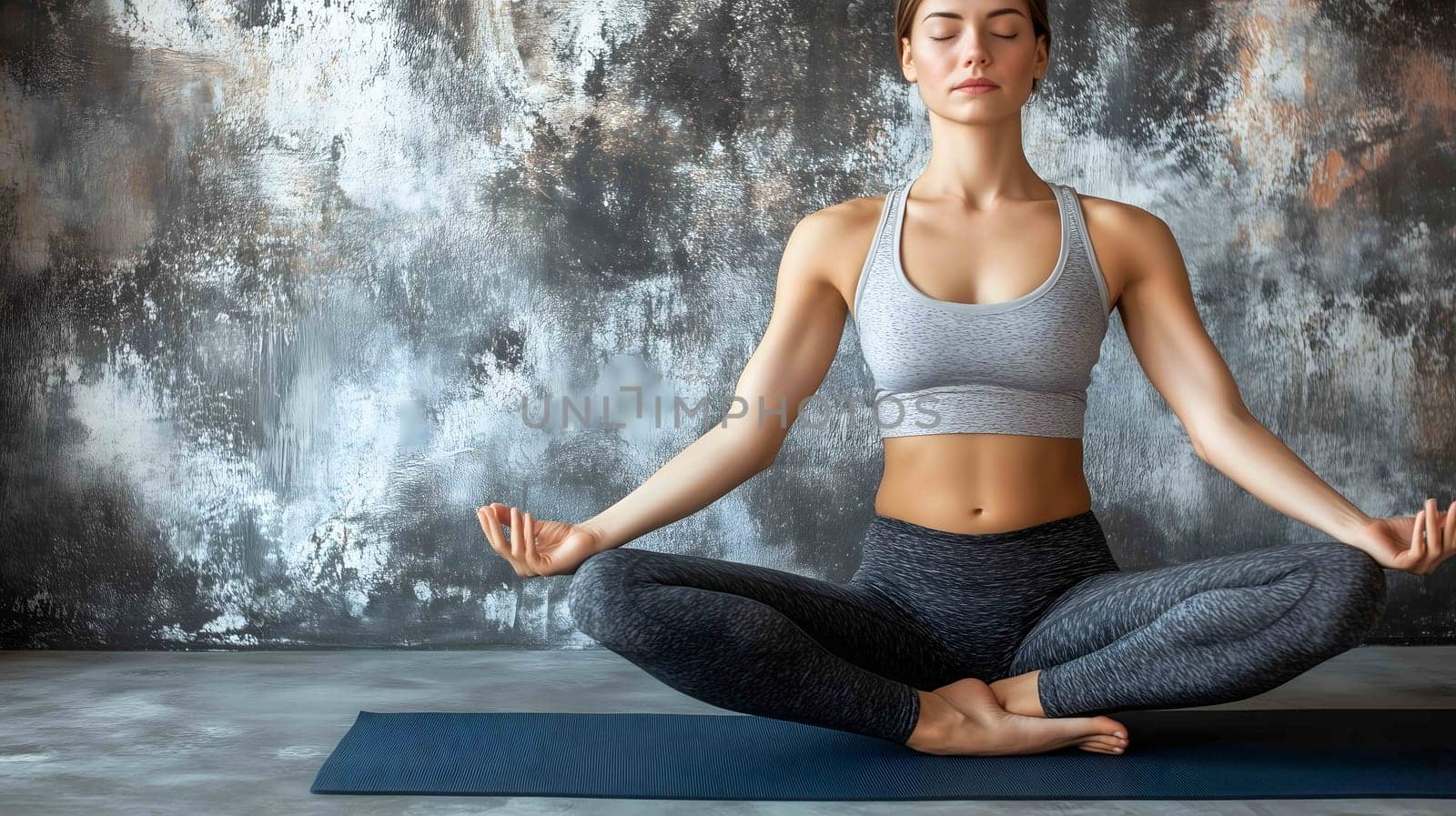 Young woman wearing sportswear is practicing yoga, meditating in a lotus pose on a mat