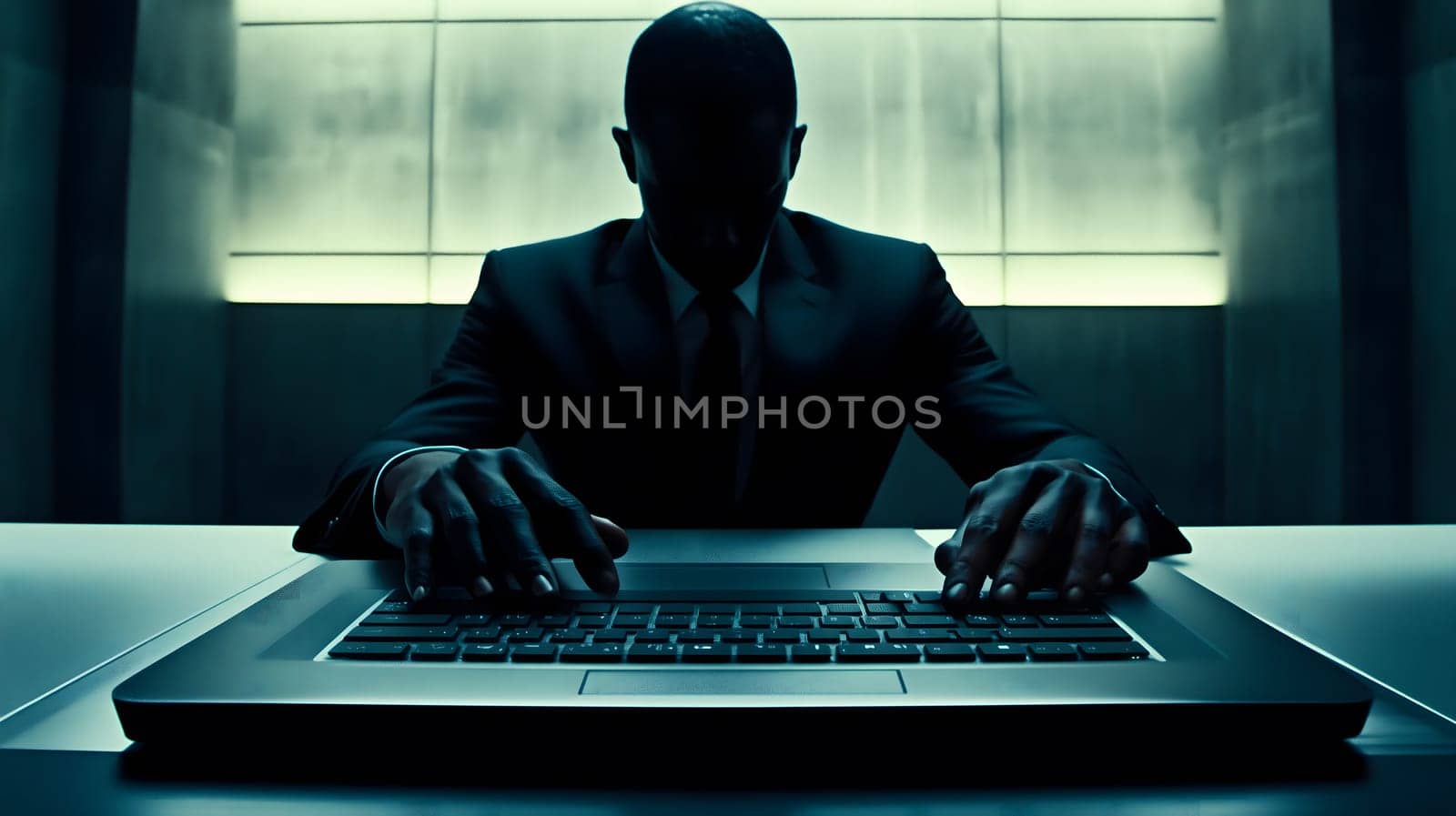 Businessman in suit and tie is working late at night, typing on his laptop keyboard