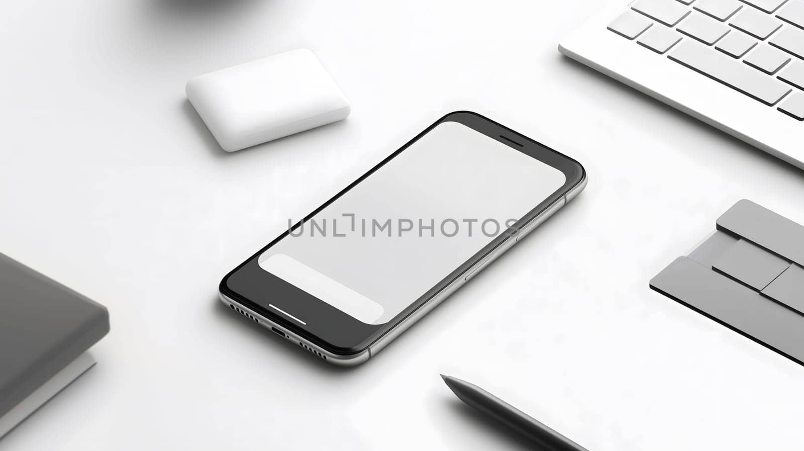 Modern smartphone showing blank screen lying on white desk with keyboard credit card and notebook