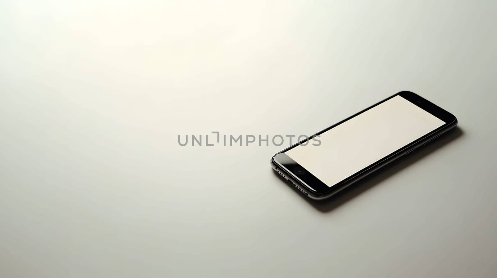 Black smartphone is lying on a white background showing a blank screen