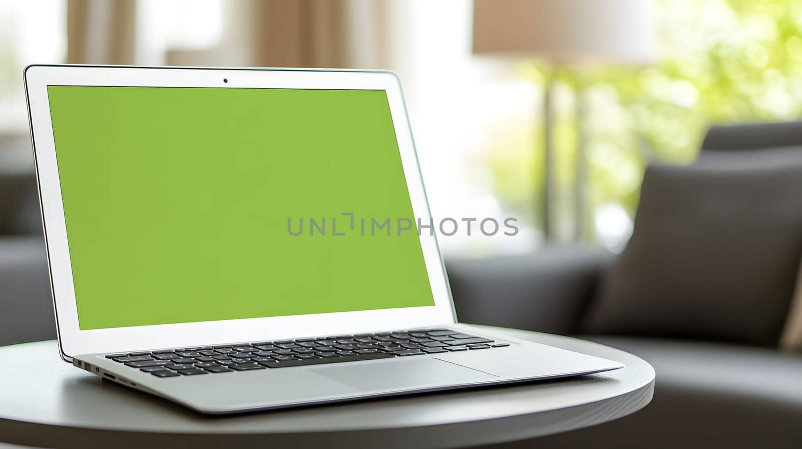 Silver laptop computer with a green screen is open, displaying a bright green chroma key screen