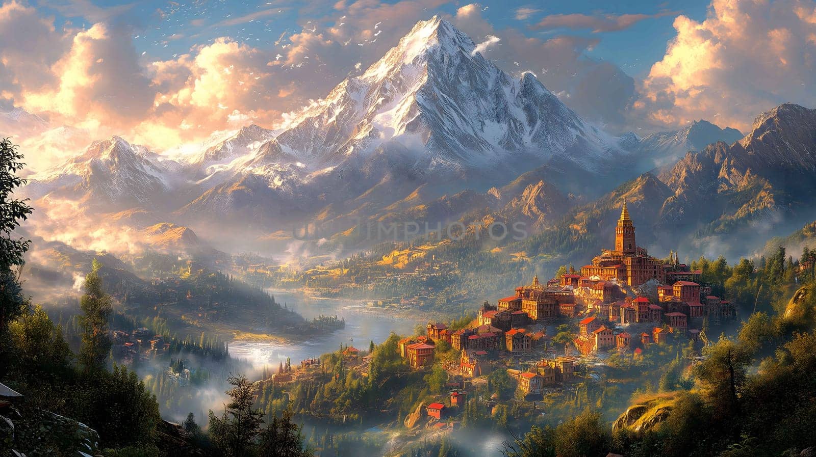Stunning view of a charming italian village nestled in a valley, with a majestic mountain peak towering above it, bathed in the warm glow of the setting sun