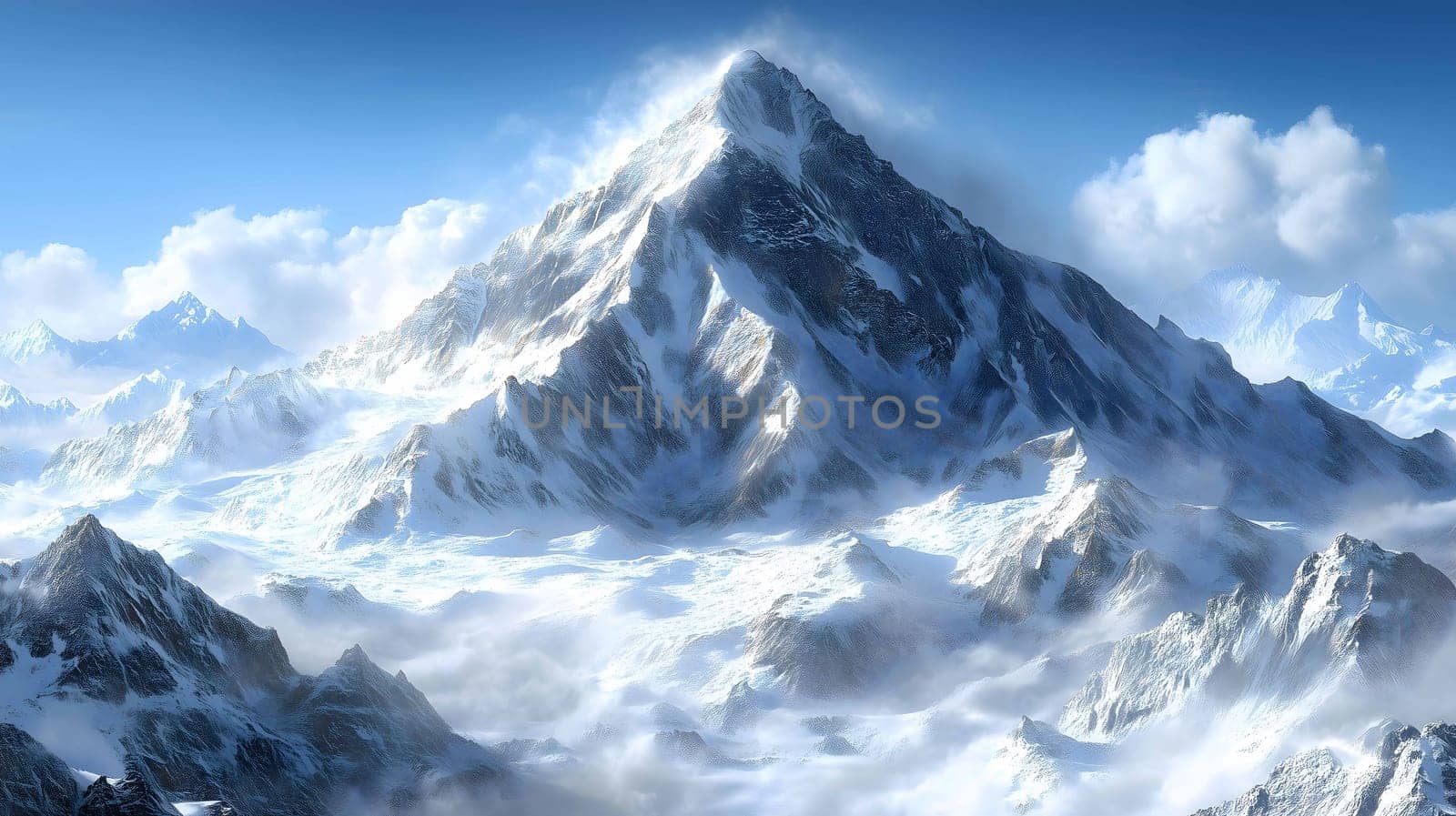 This breathtaking landscape showcases the beauty and grandeur of nature, with a snowcapped mountain peak towering over a mountain range on a sunny day