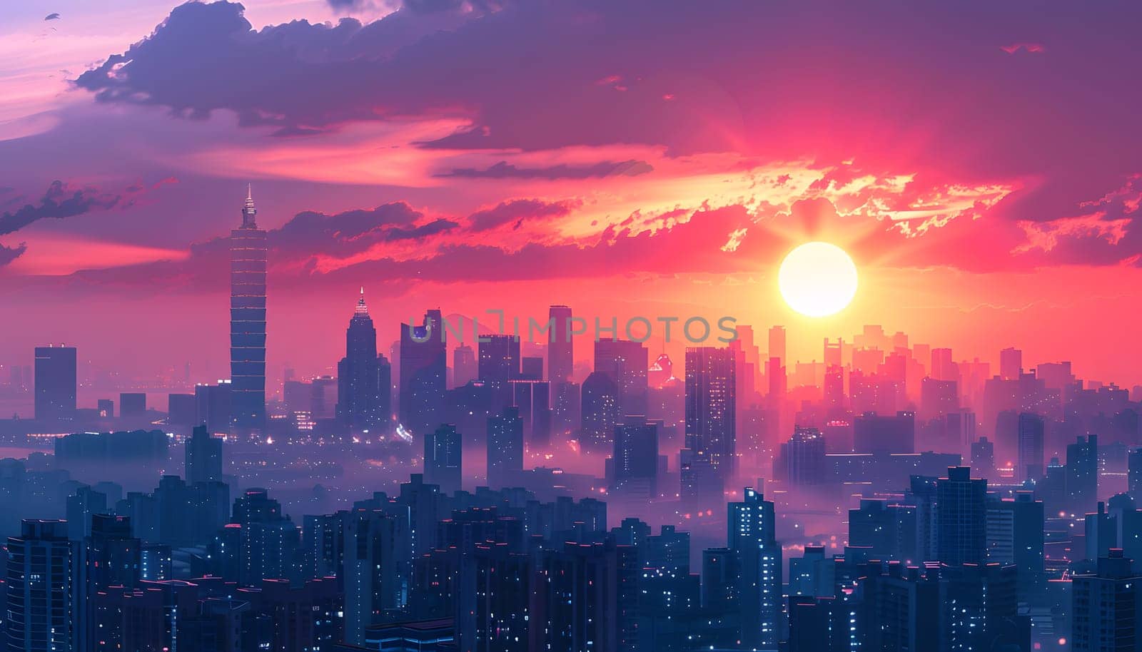 A city skyline at dusk, with the sun shining through the clouds creating a beautiful afterglow. Skyscrapers and tower blocks stand against the colorful sky, creating a stunning atmosphere