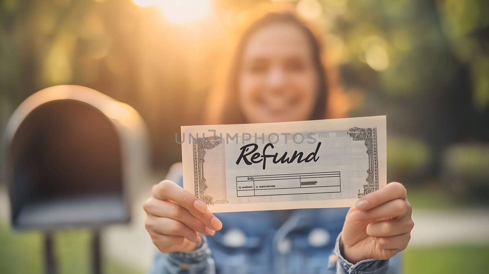Happy young woman is holding a refund check outdoors