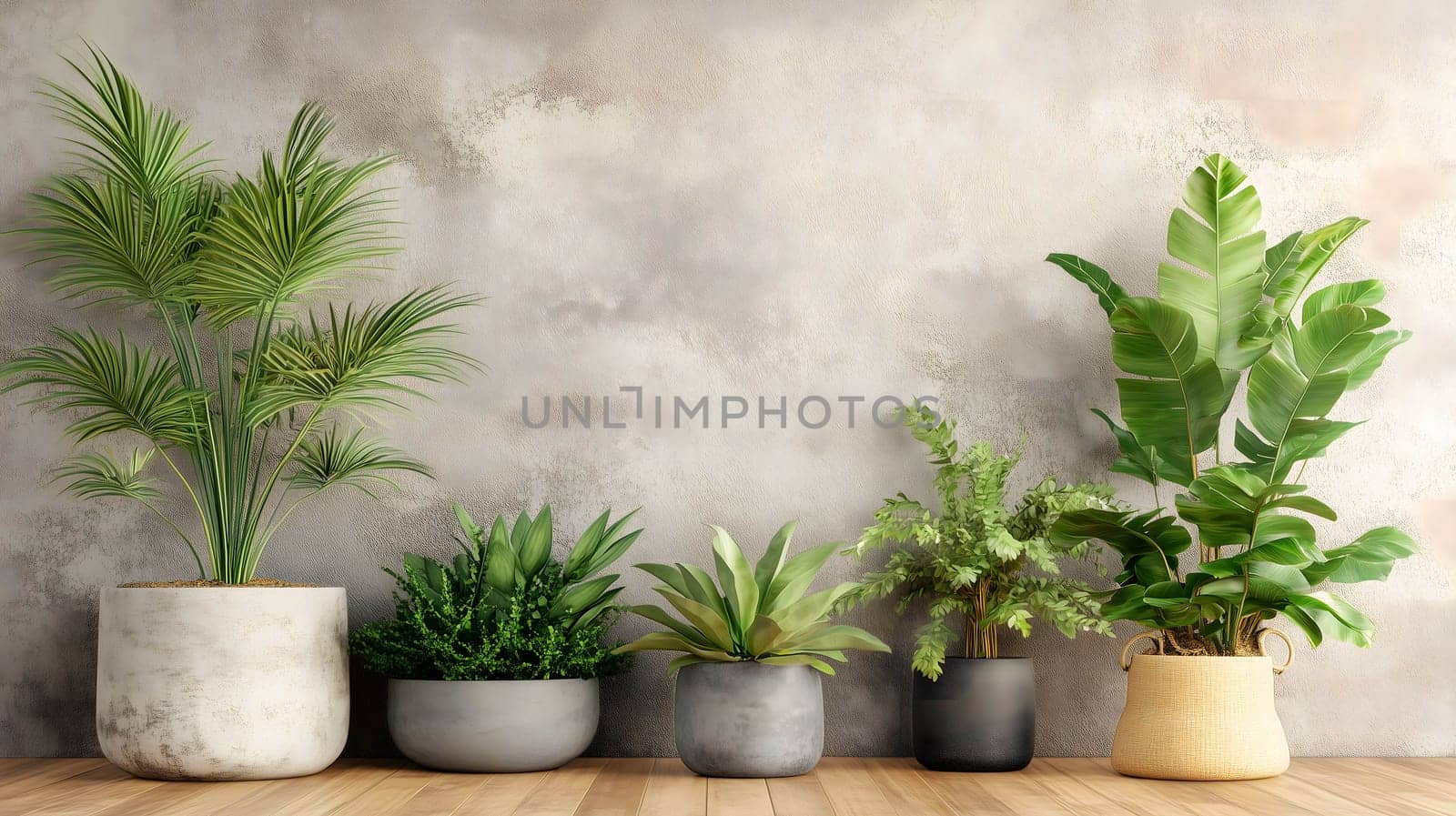 Minimalist interior design with different houseplants on a wooden floor against an empty concrete wall