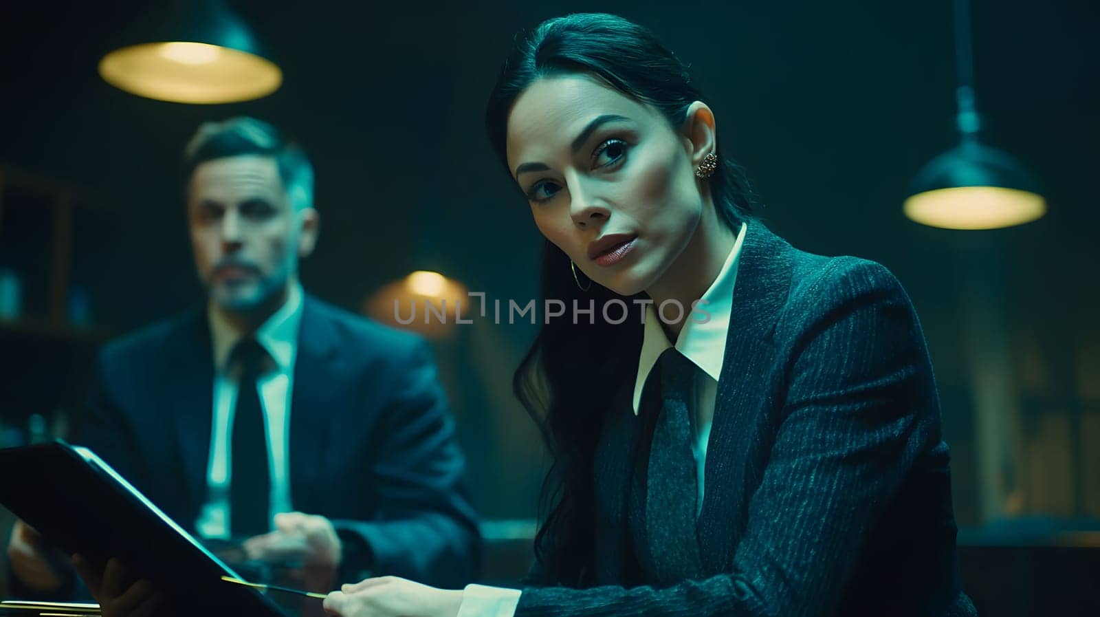 Businesswoman holding contract and looking concerned during a meeting with her male colleague in a dark room