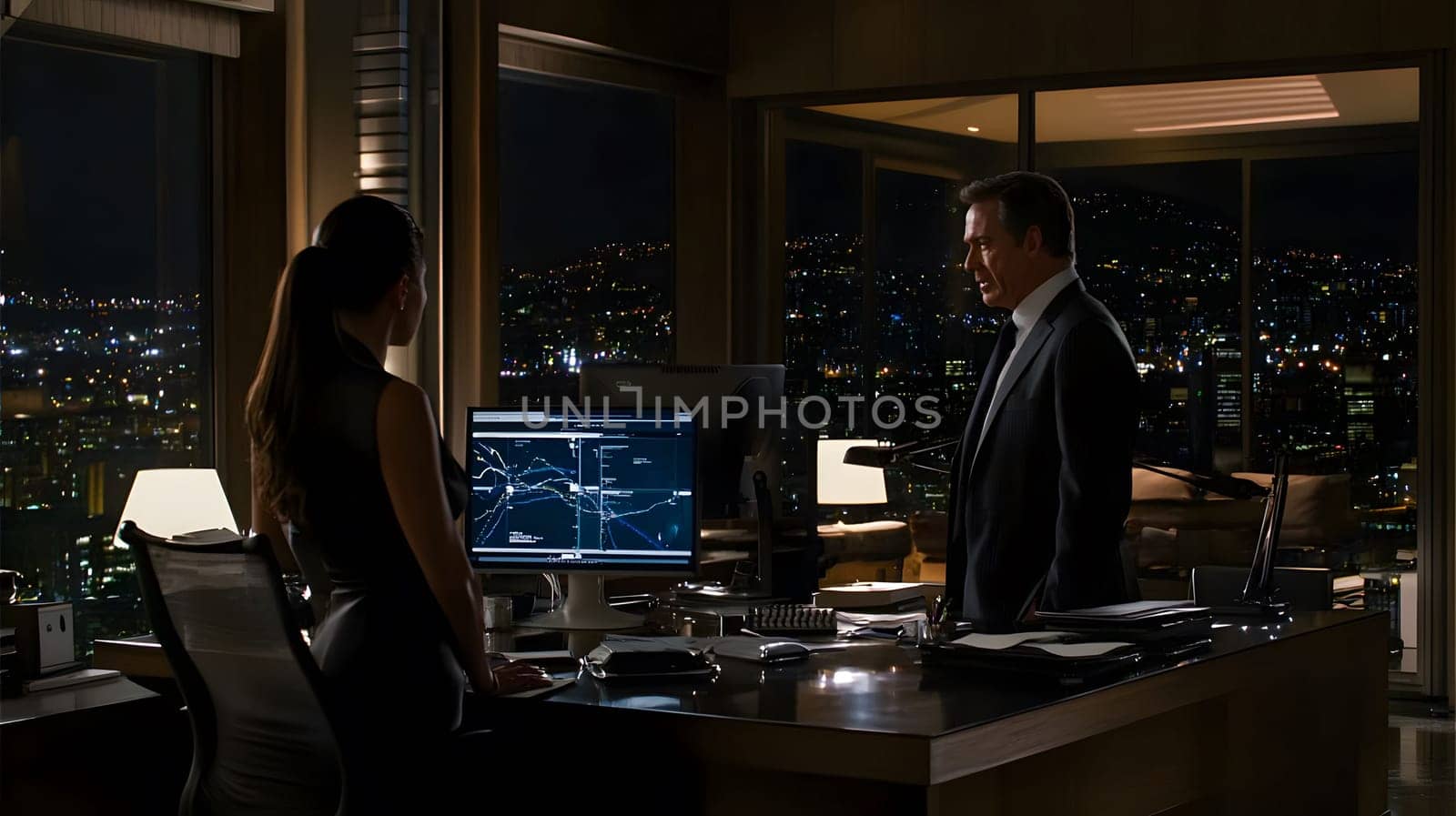 Business team working late in luxury office with city view at night analyzing data on computer screen