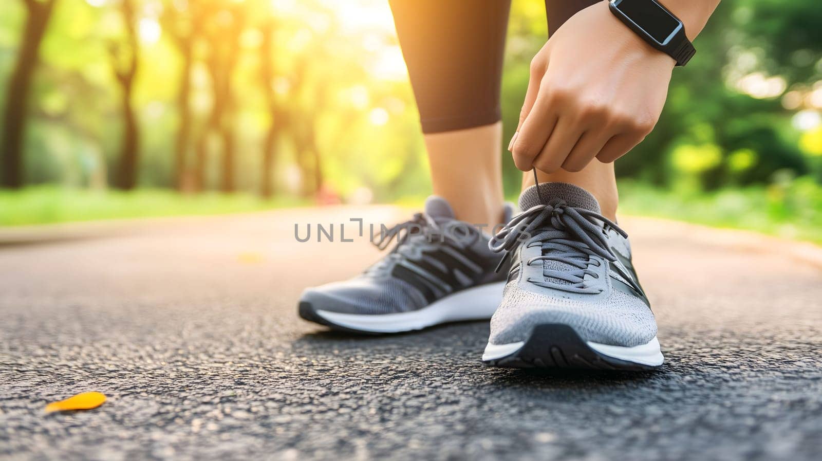 Sportswoman tying shoelaces on running shoes before workout in park at sunset