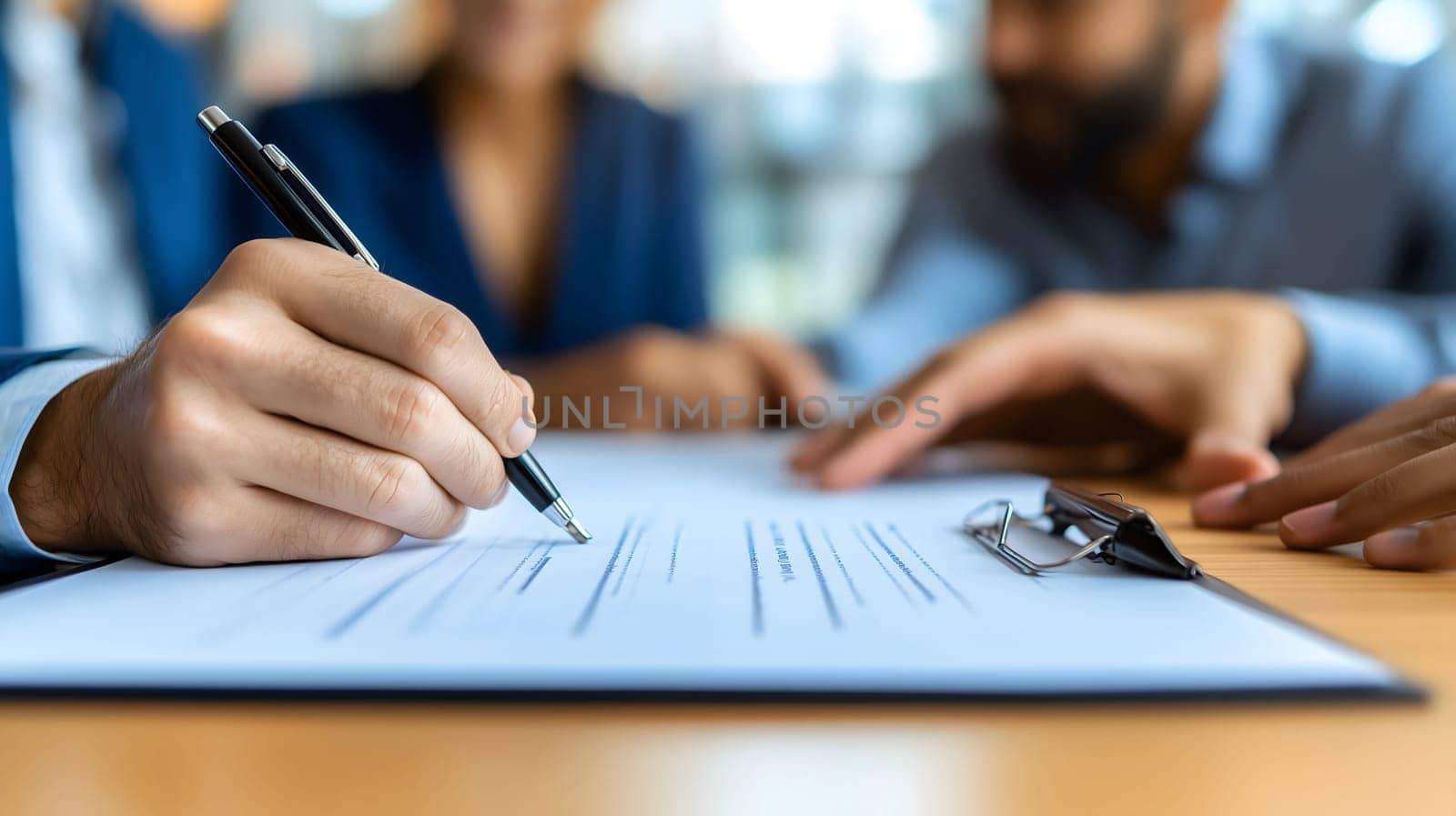 Businessman is signing a contract during a meeting with his lawyers