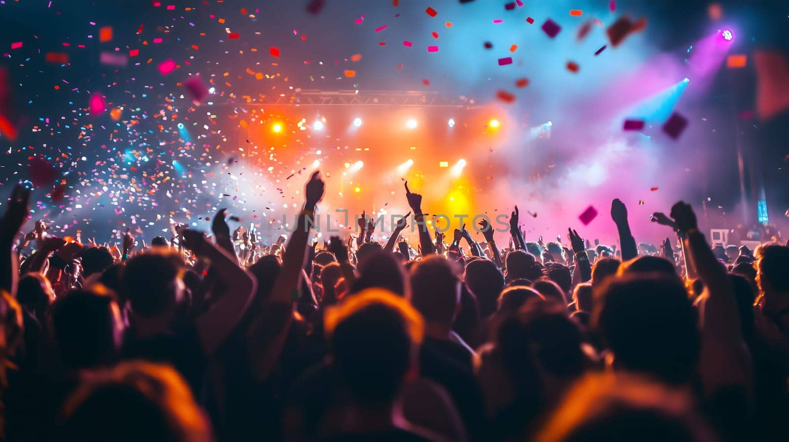Crowd is having fun, dancing and raising hands while colorful confetti are flying in the air at a live music concert at night