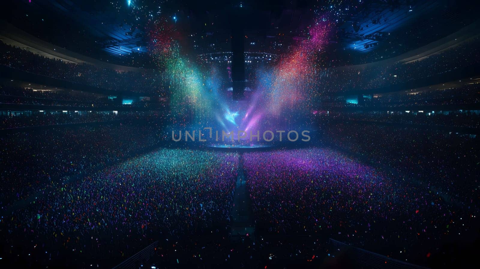 Crowd of fans cheering at a concert in an arena with colorful confetti exploding from the stage