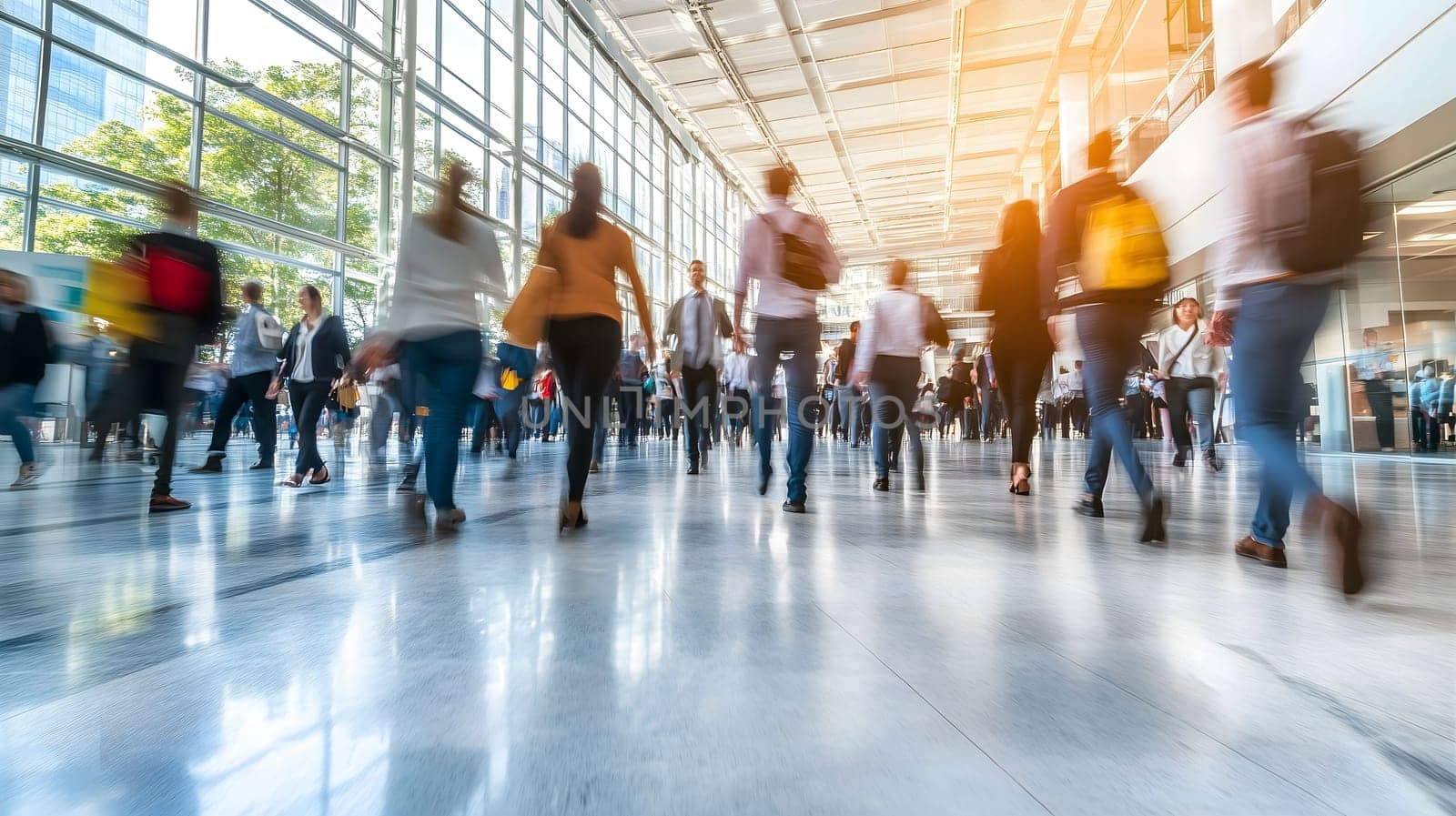Crowd of business people walking in a modern lobby with motion blur
