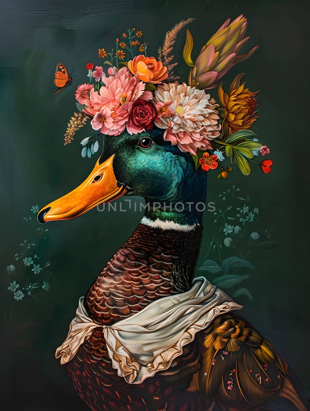 A sophisticated duck adorned with flowers and a vintage outfit against dark background.