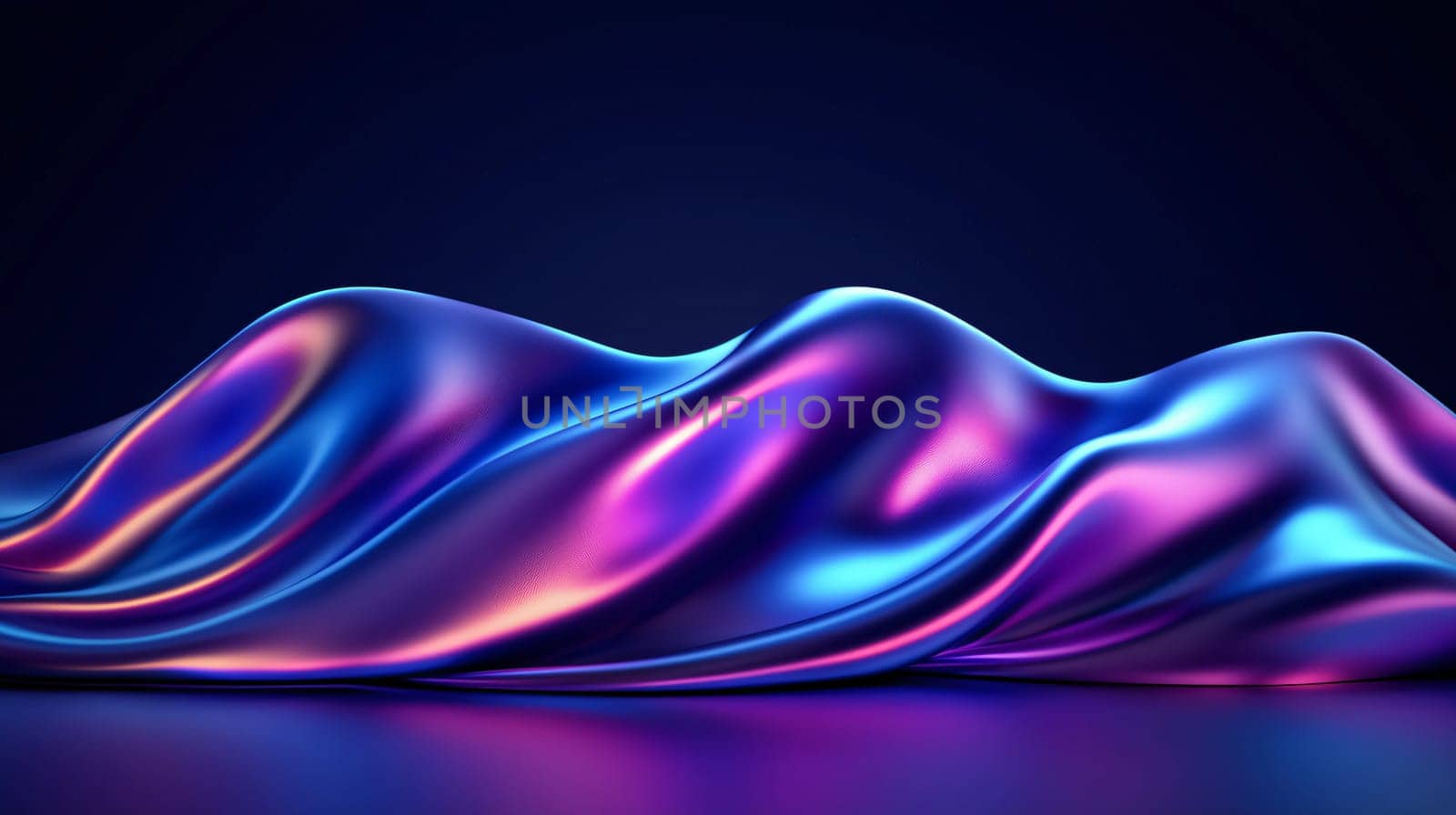 Abstract holographic background featuring flowing neon waves of pink, blue, and purple