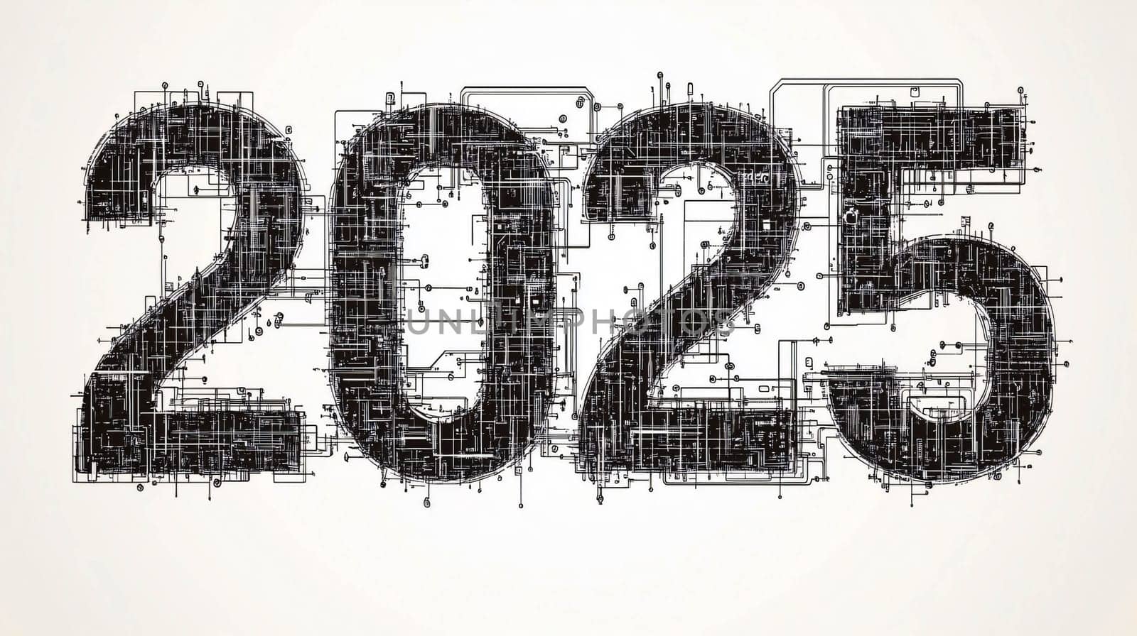 Intricate circuit board pattern forming the year 2025, symbolizing technological advancement