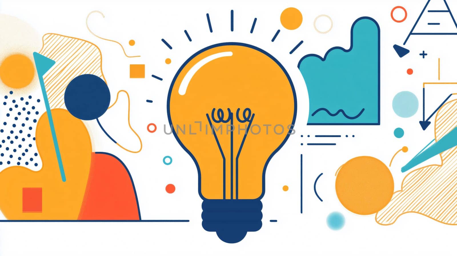 Light bulb is glowing surrounded by colorful geometric shapes representing creativity and the birth of new ideas