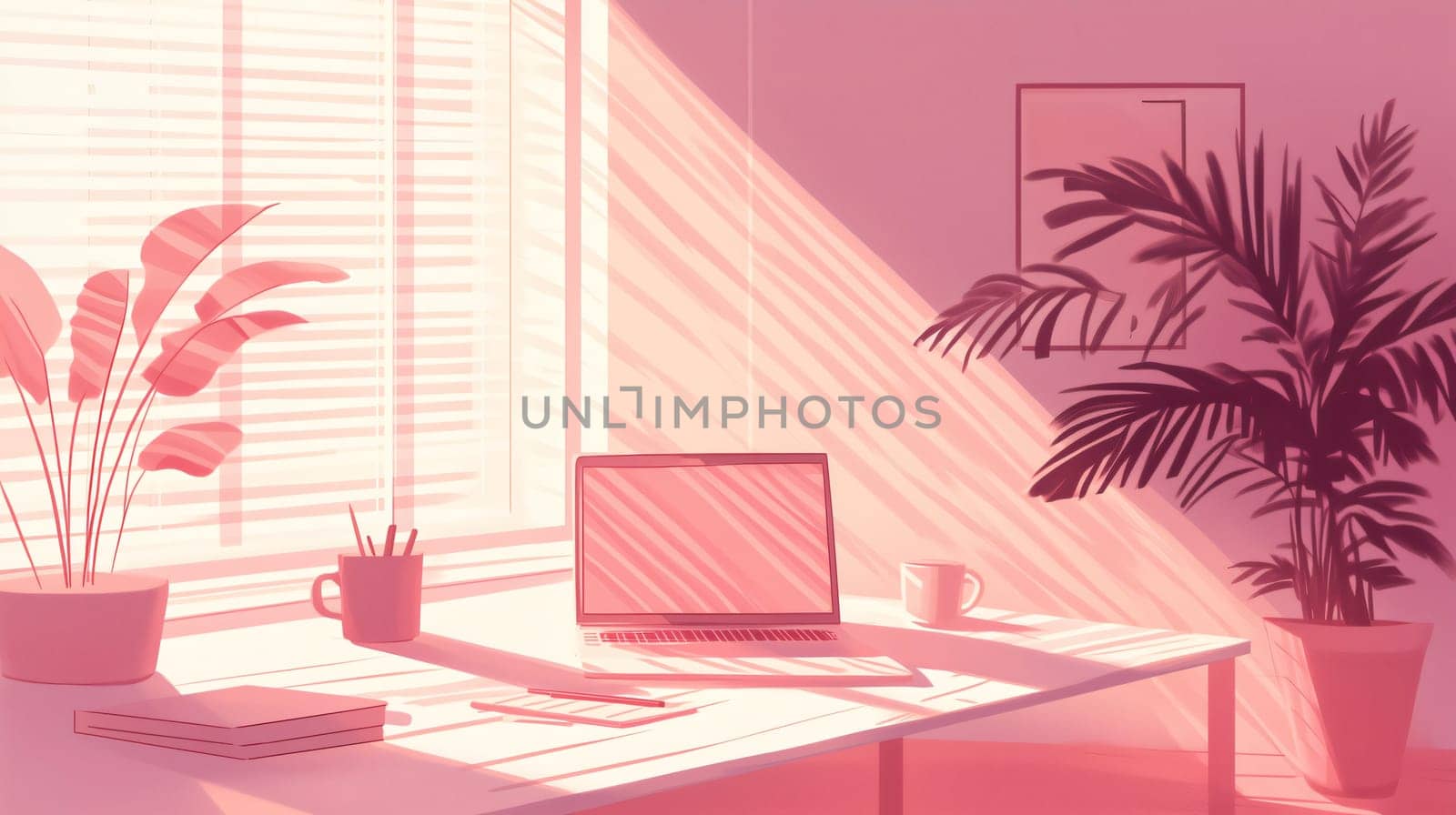 Pastel pink home office bathed in warm morning sunlight with a laptop and plants