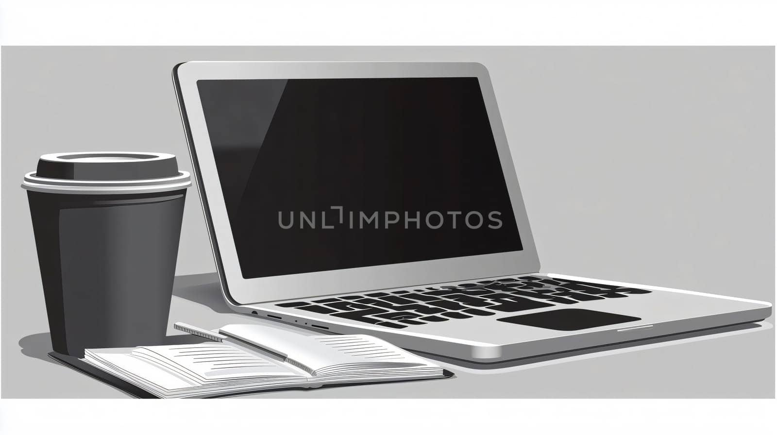 Modern minimalist office workspace setup featuring a laptop, coffee, and a notebook, perfect for showcasing productivity or remote work