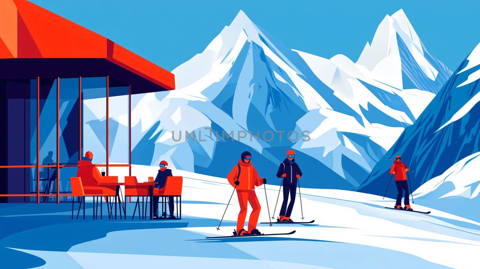 Skiers enjoying the mountain view from a panoramic restaurant