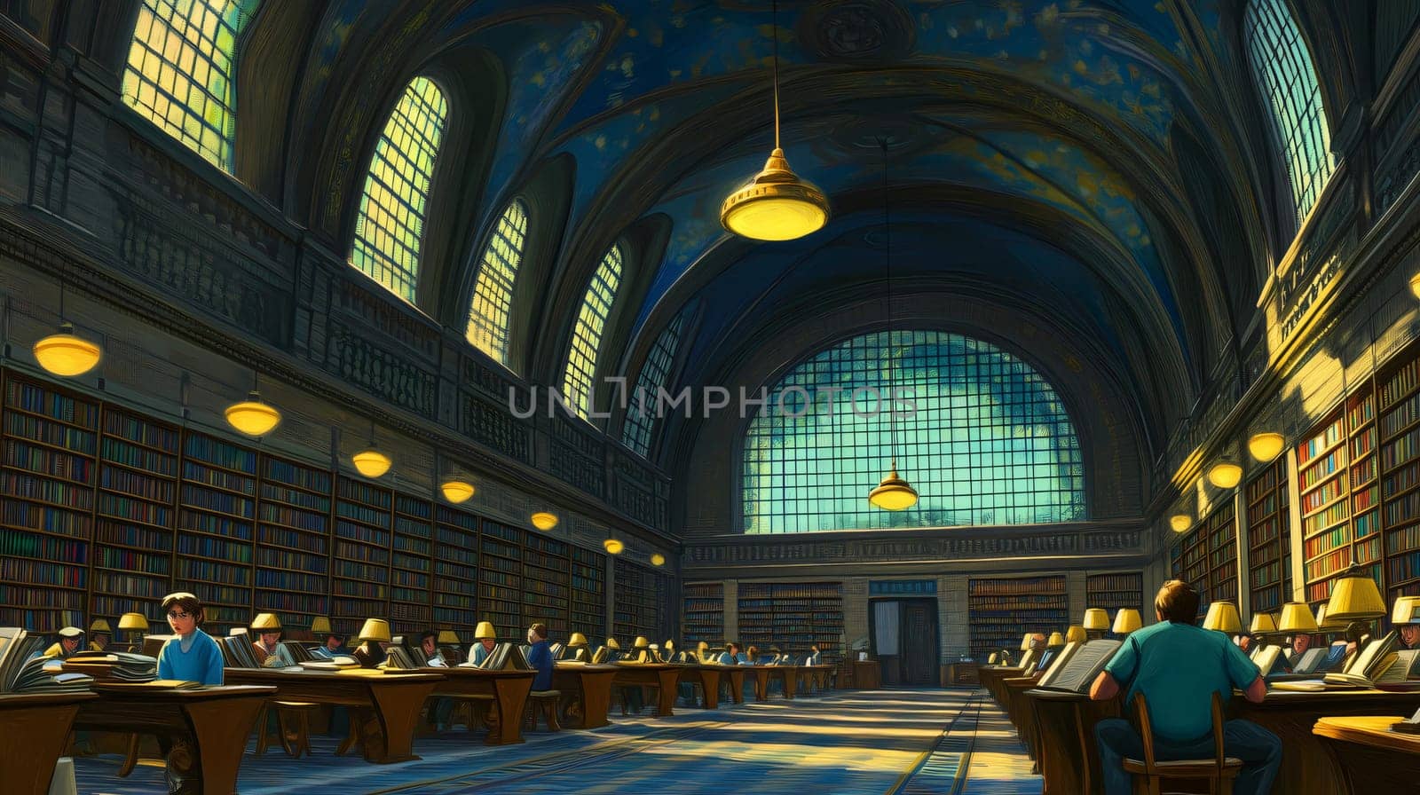 Students sitting at tables and studying in a beautiful university or public library with a vaulted ceiling and large windows