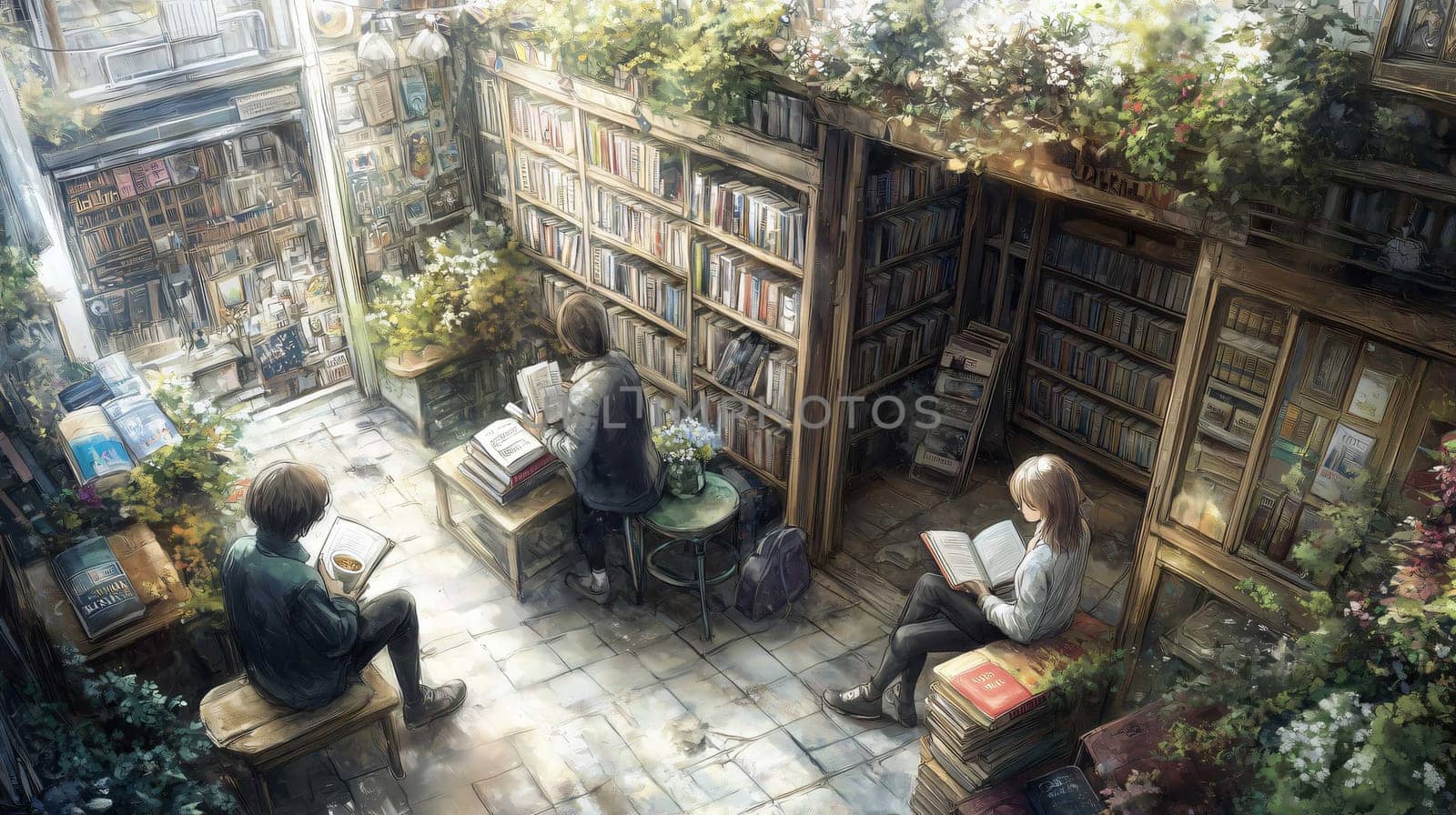 Customers are enjoying a relaxing day browsing books in a cozy bookshop filled with plants