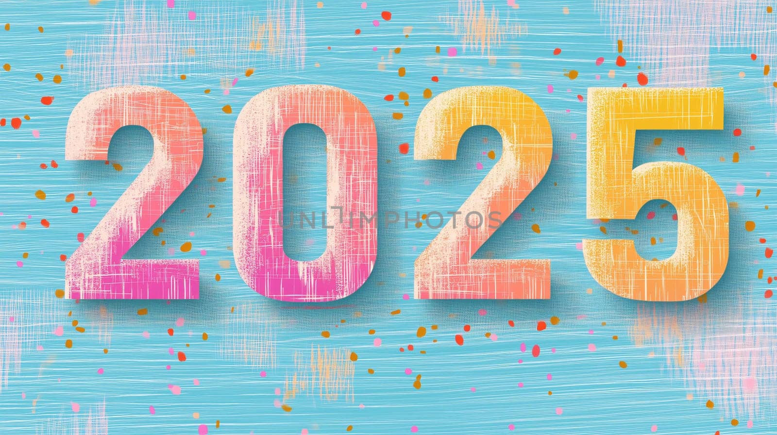 2025 happy new year graphic design with colorful numbers on blue background