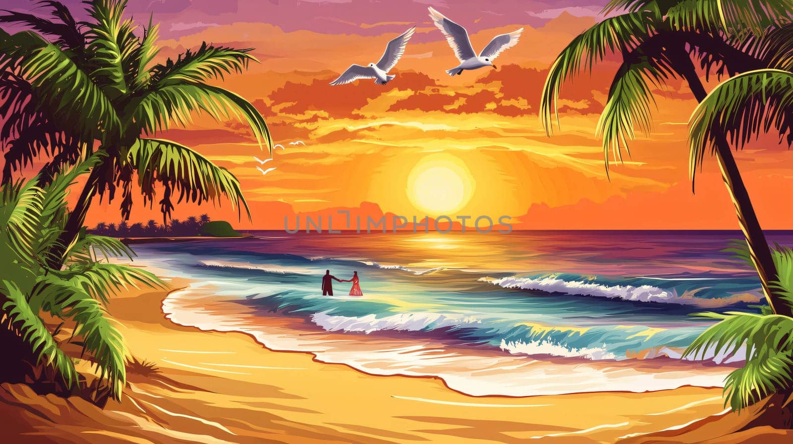 Romantic illustration of a couple enjoying a beautiful sunset on a tropical beach