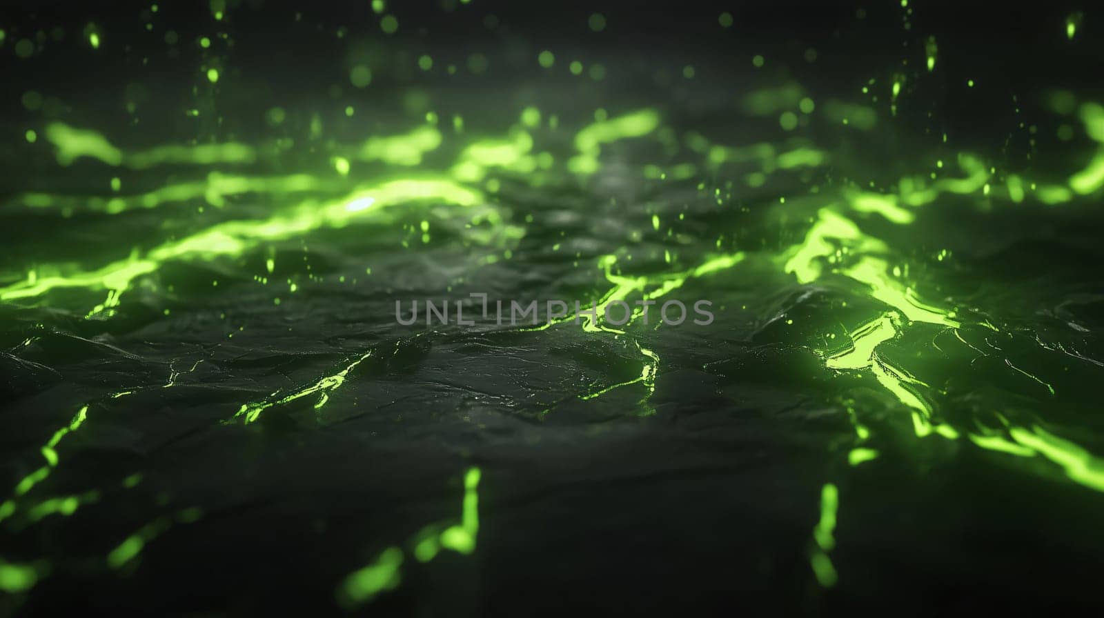 Luminous green liquid flowing through a dark stone surface, creating bright cracks and a captivating visual effect