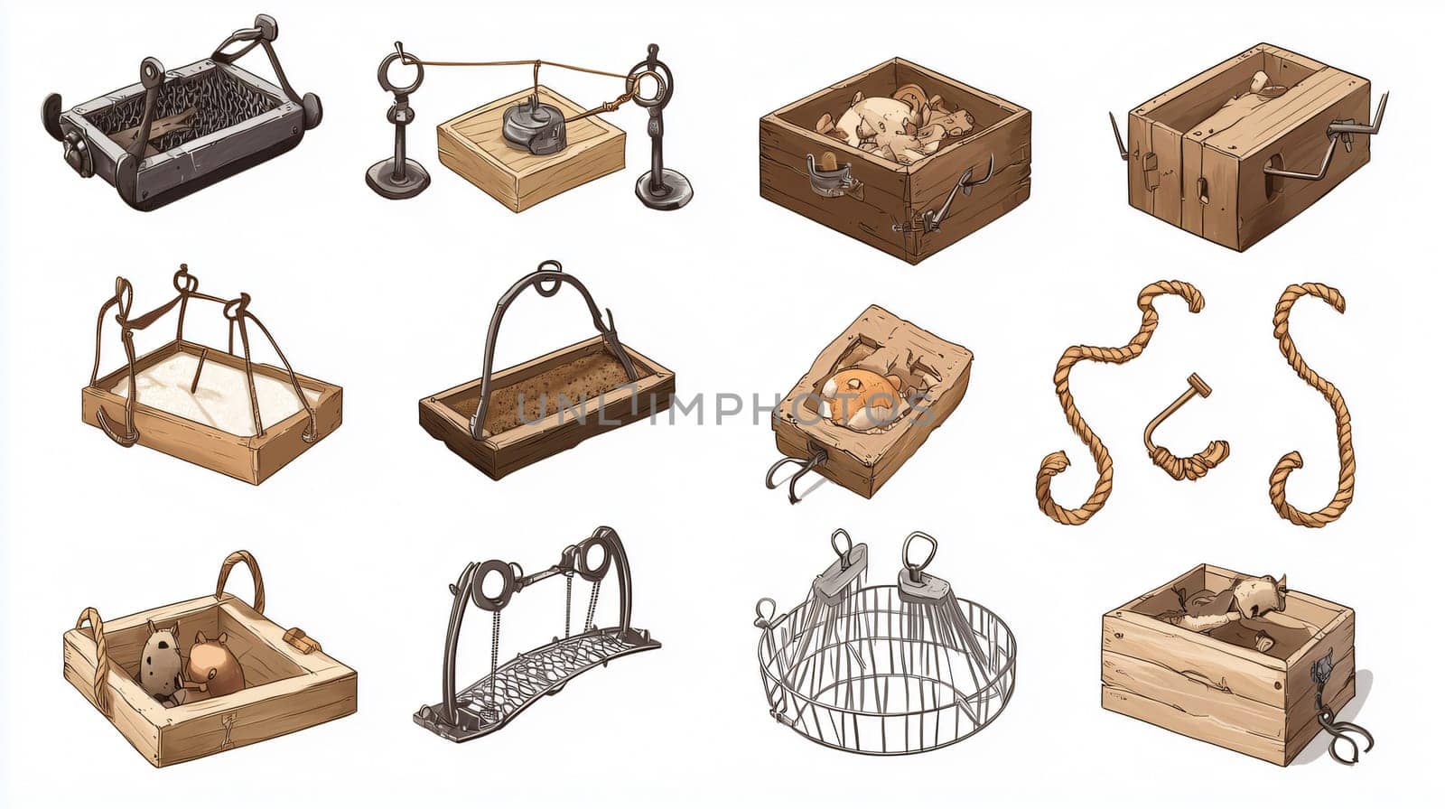 Set of hand drawn illustrations depicting various medieval torture devices, creating a dark and eerie atmosphere