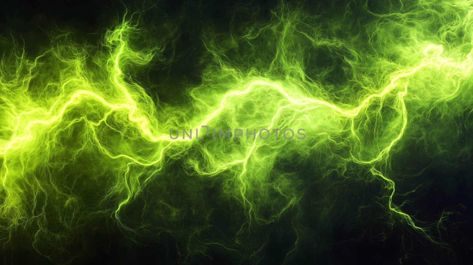 Green electric lightning is flashing over a dark background